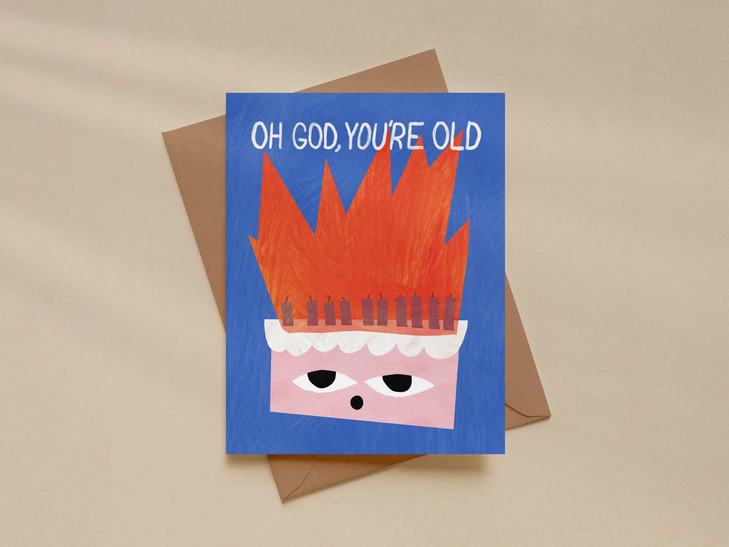 Funny “Oh God, You’re Old” Birthday Card, Dark Humor Cake Illustration