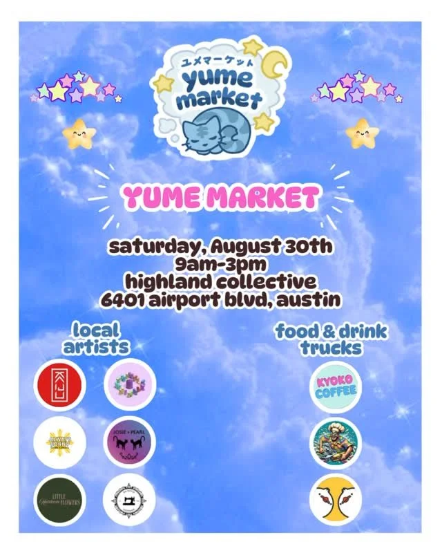 Excited to announce another Yume (Dream) Market on August 30th!! Come grab some amazing food and drinks and check out our awesome vendors!
Vendor list:
@kaijucutandsew,
@littleheirloomflowers,
@thimblewhimble,
@josieandpearl
@alwayssonnycandlec
