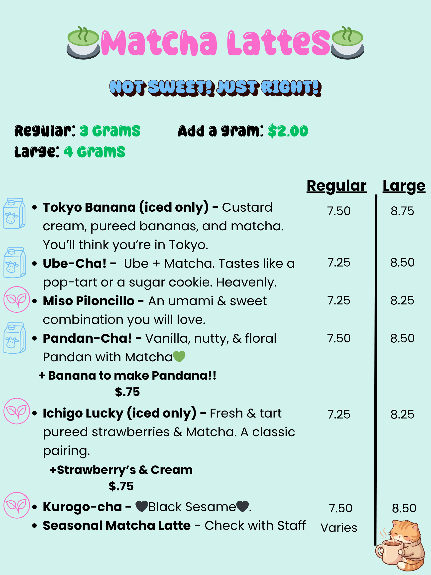 Kyoko Coffee matcha latte menu including Tokyo Banana, Ube-Cha, Pandan-Cha, Miso Piloncillo, Ichigo Lucky, and Kurogo-cha