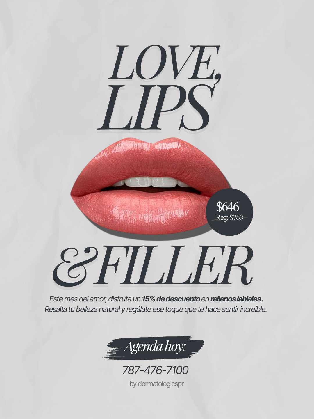 Advertisement for lip filler treatment with an image of lips and a discounted price of $646, down from $760, with a phone number for appointments.