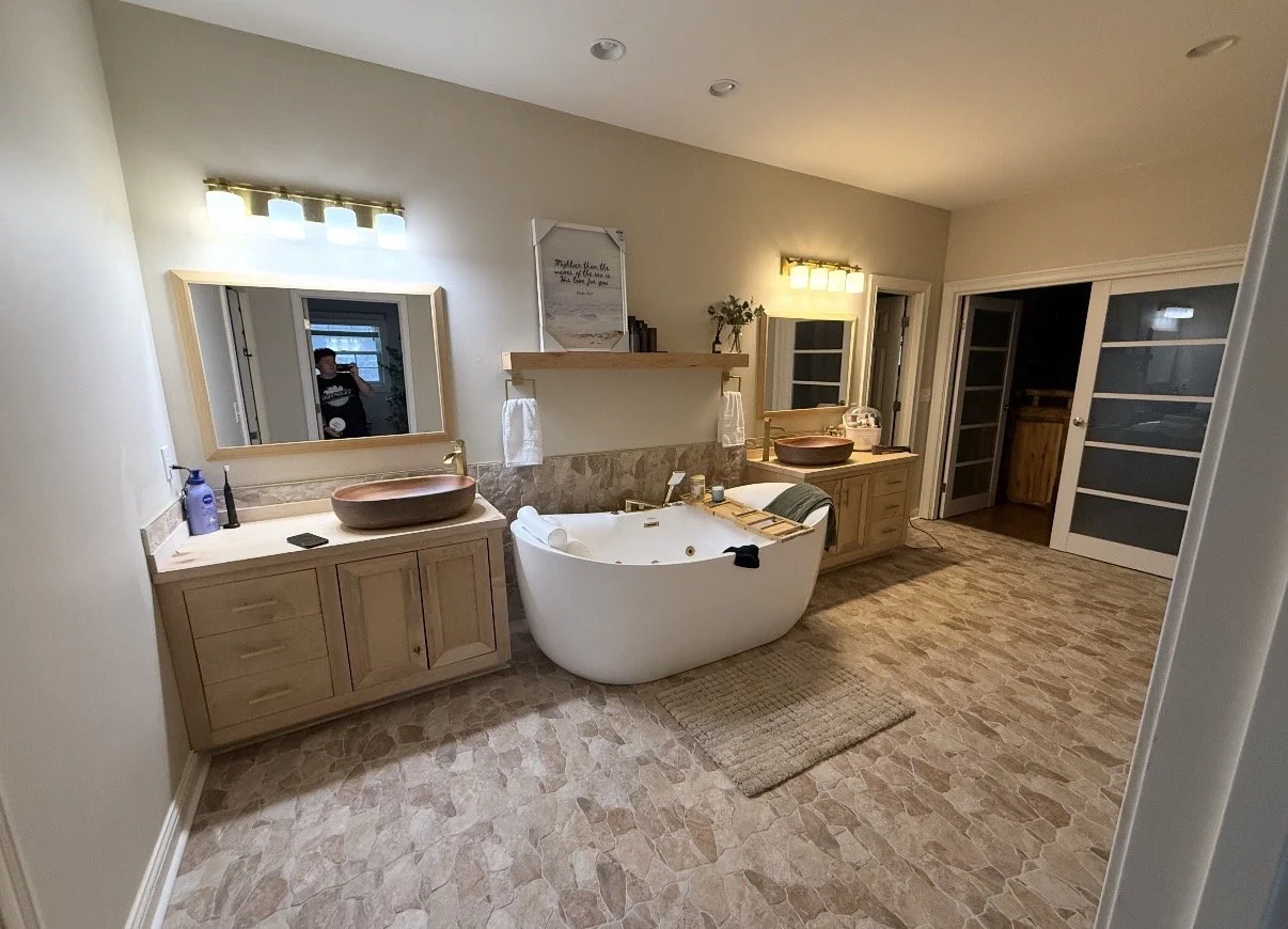 Full Bathroom Remodel Including Custom Vanities/Tub Install/Fixtures/ & Tile Floor.