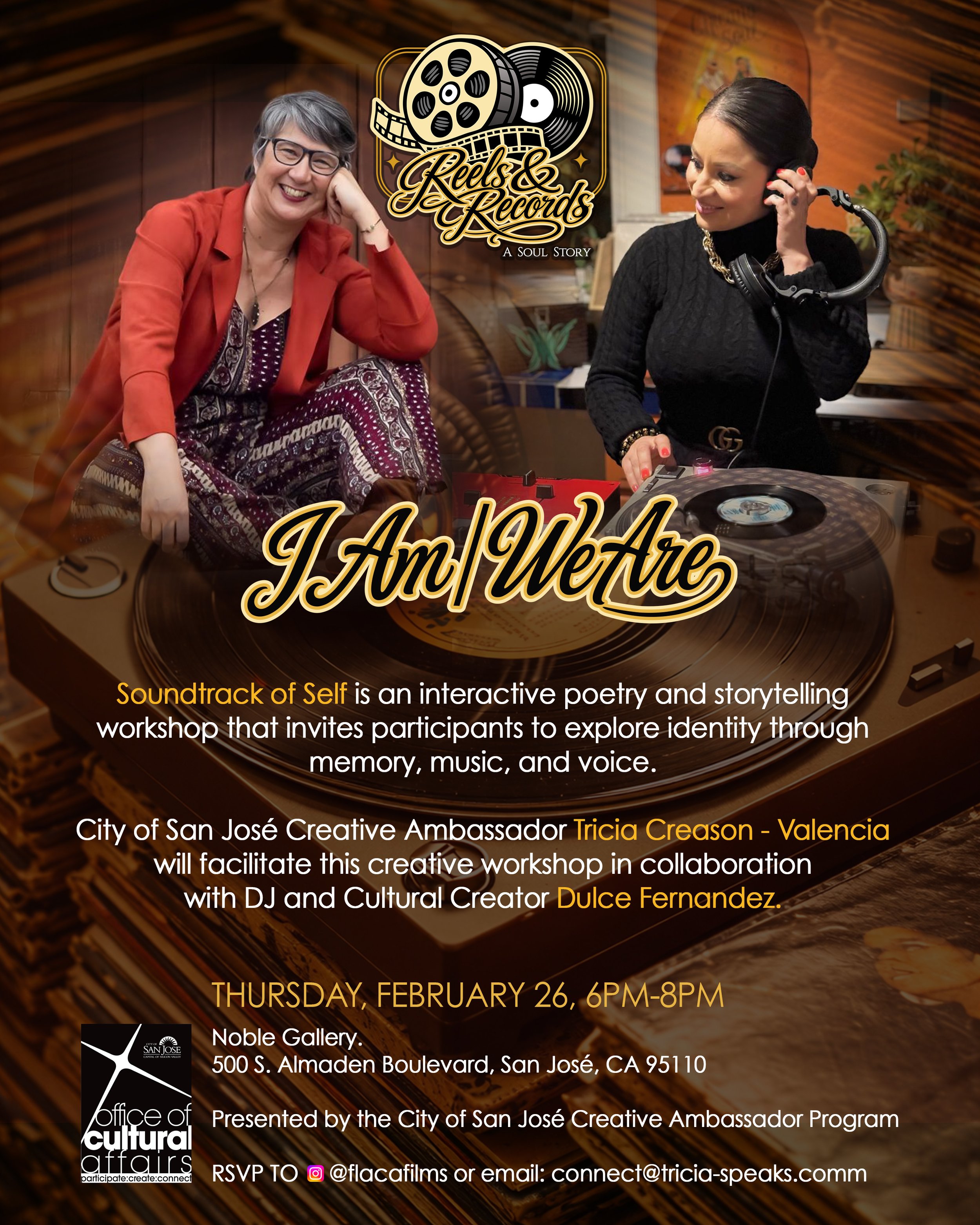 Poster for an interactive poetry and storytelling workshop titled 'J Am We Are,' featuring images of two women in a recording studio. One woman is smiling and dressed in a red blazer with patterned pants, and the other woman is wearing a black outfit with headphones, operating a turntable.