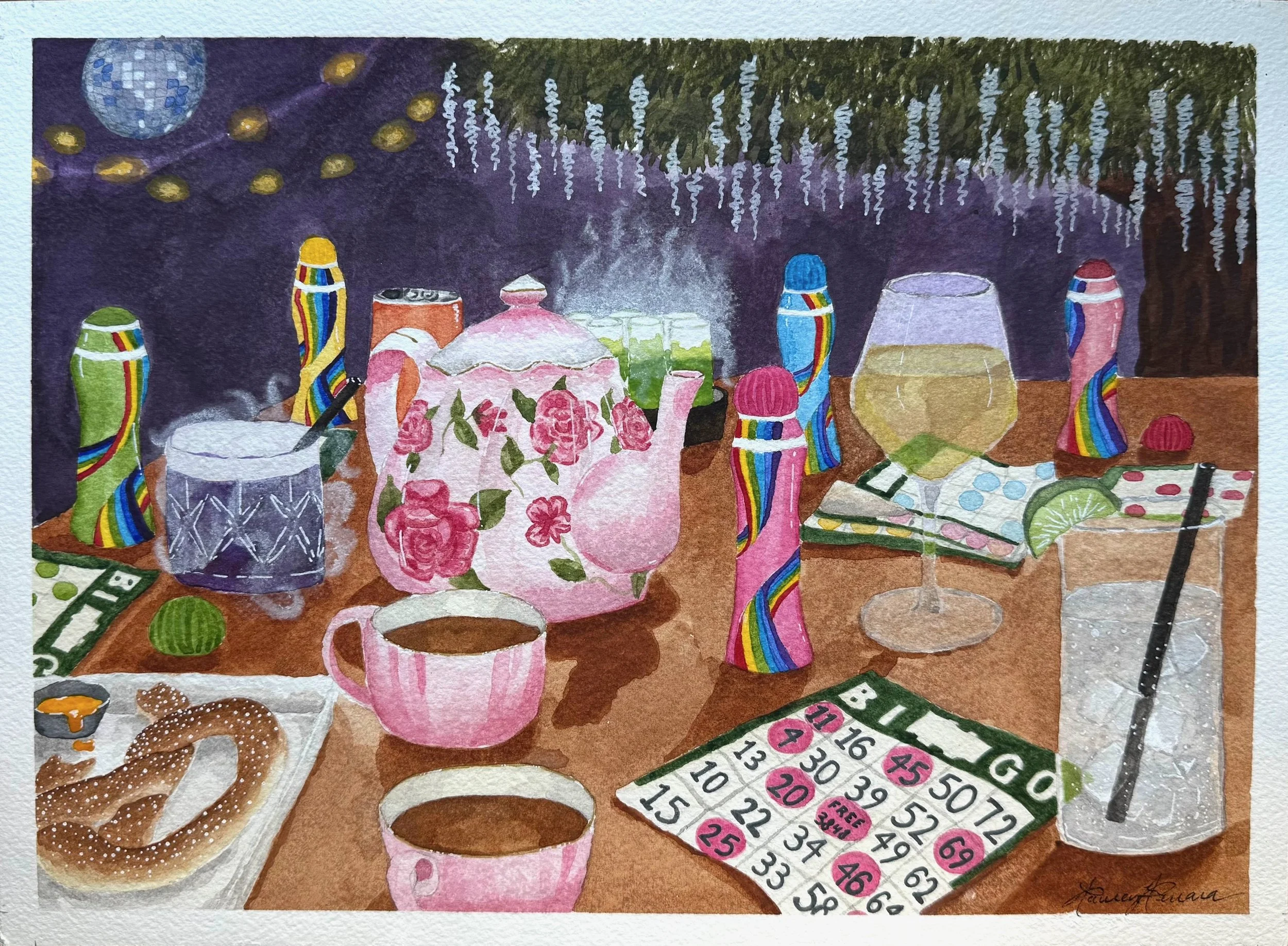 Lauren Ferrara. The Cauldron, 2025. Watercolor paint, acrylic paint pens, charcoal.