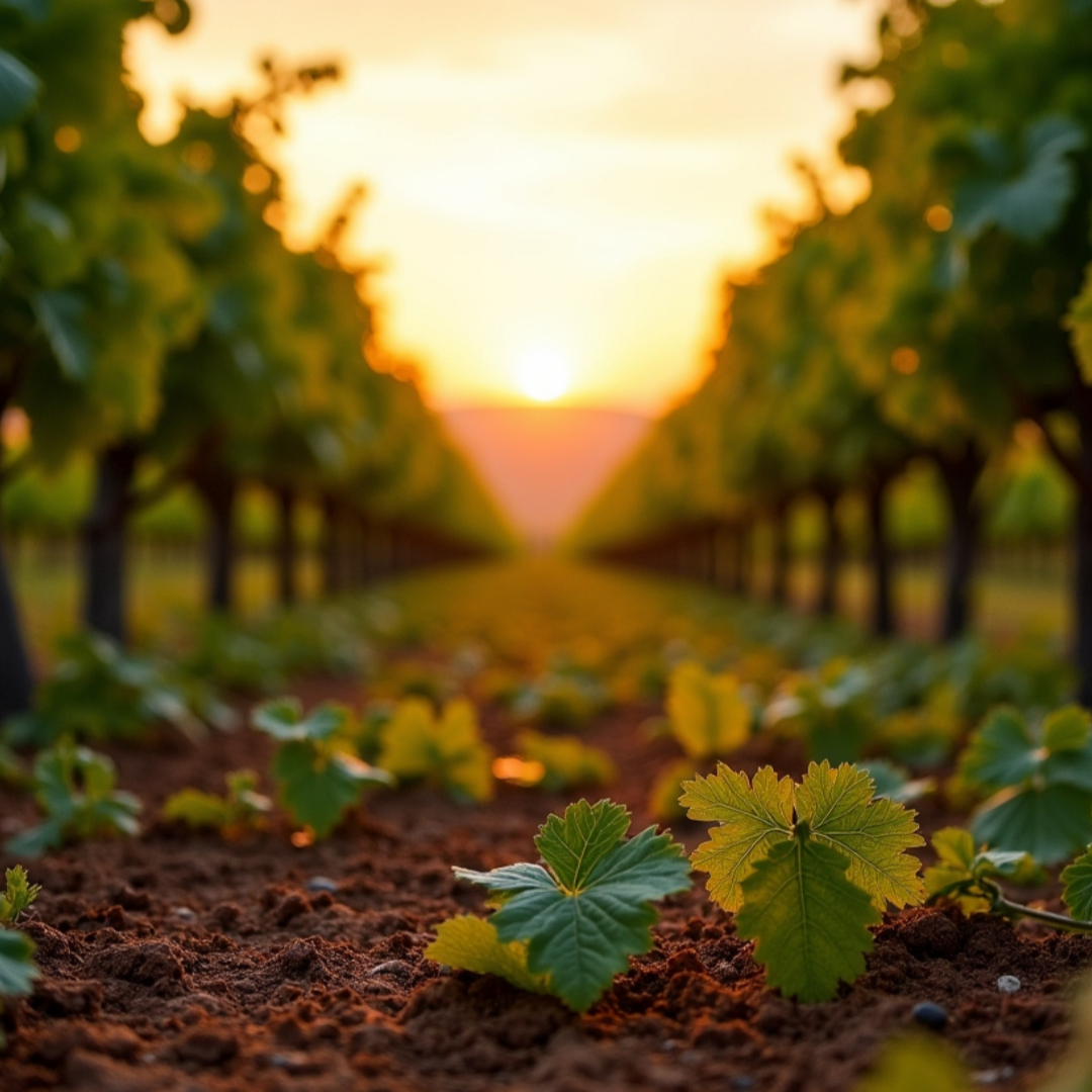 Sunset looking down a row of a vineyard