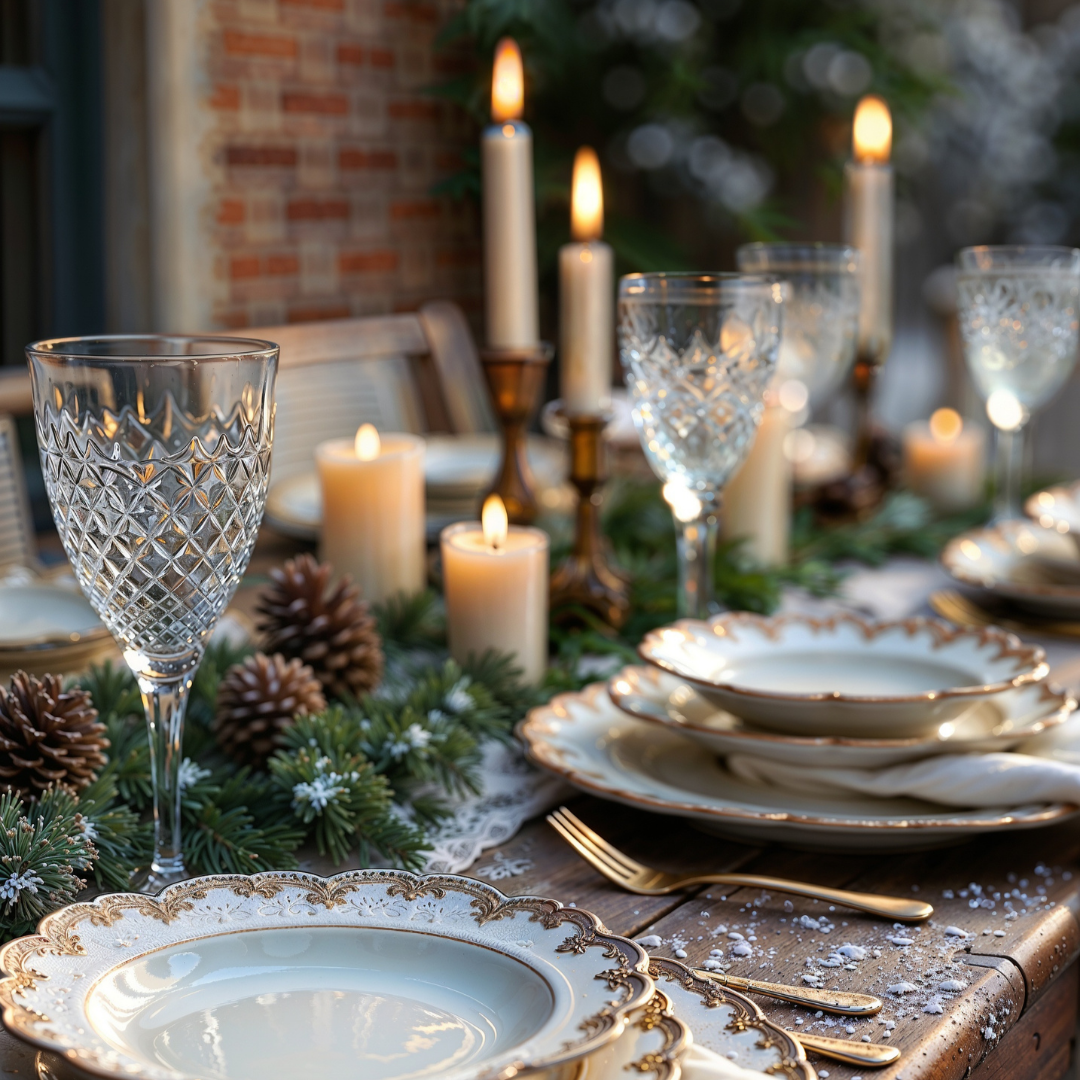 Winter table with white and gold scalloped plates, gold flatware, and crystal wine glasses. Winter green foliage with pinecones adorn the table next to lit candles with brass candle stick holders.