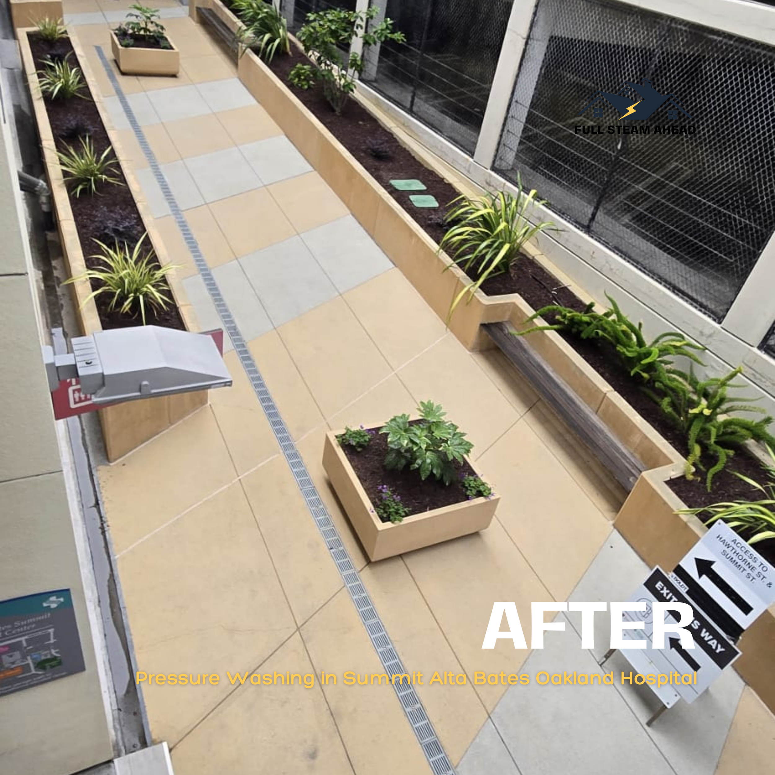 Pressure-washed breezeway of Alta Bates Oakland Hospital done by Full Steam Ahead Remodel & Construction