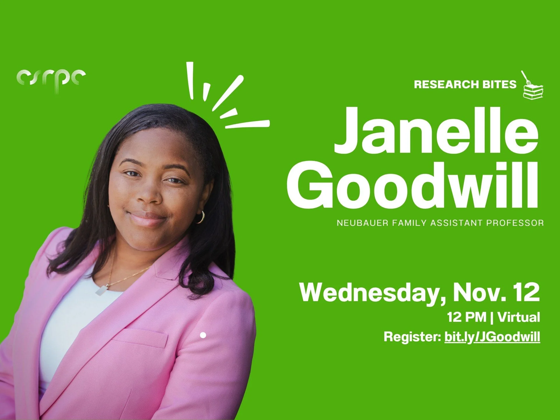 Still looking for the next Research Bite event? Join us on Wednesday, November 12th, from 12-1pm for a wonderful segment with Janelle Goodwill!

Register in bio.