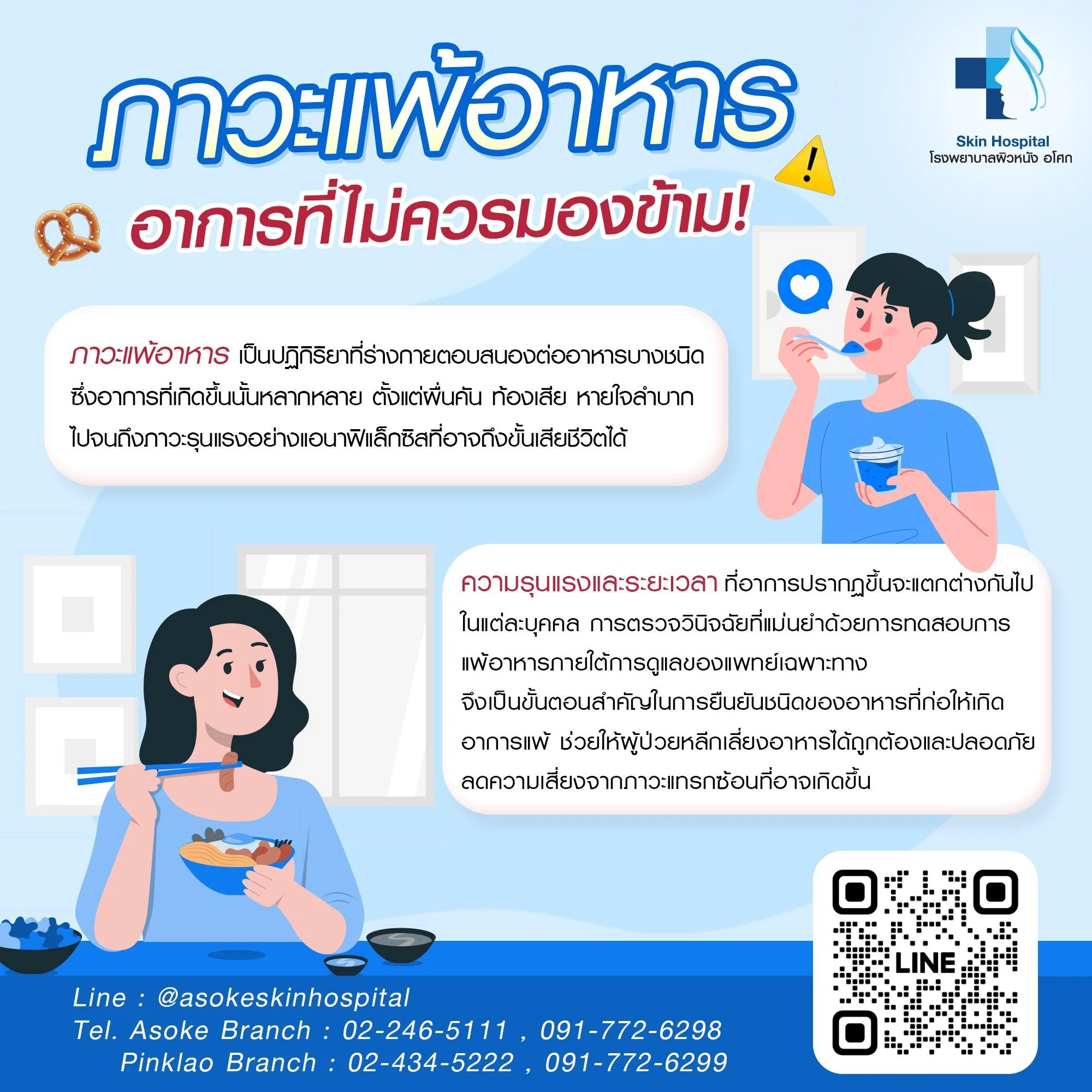 มาทำความเข้าใจกับภาวะแพ้อาหาร 🍽

หากท่านใดอยากทราบสาเหตุการแพ้ สามารถนัดวันและเวลาเพื่อเข้ามาปรึกษาแพทย์ที่โรงพยาบาลผิวหนัง อโศก ได้เลยนะคะ 💖

สอบถามรายละเอียดเพิ่มเติมได้ที่
☎️สาขาอโศก 091-772-6298
☎️สาขาปิ่นเกล้า 02-4345222, 091-772-6299
☎️สาขาอุ