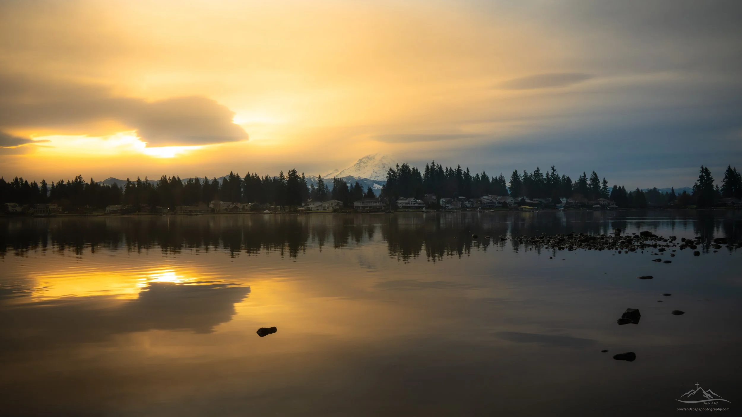 Golden stillness in a January sunrise over Lake Tapps Washington... pure serenity.