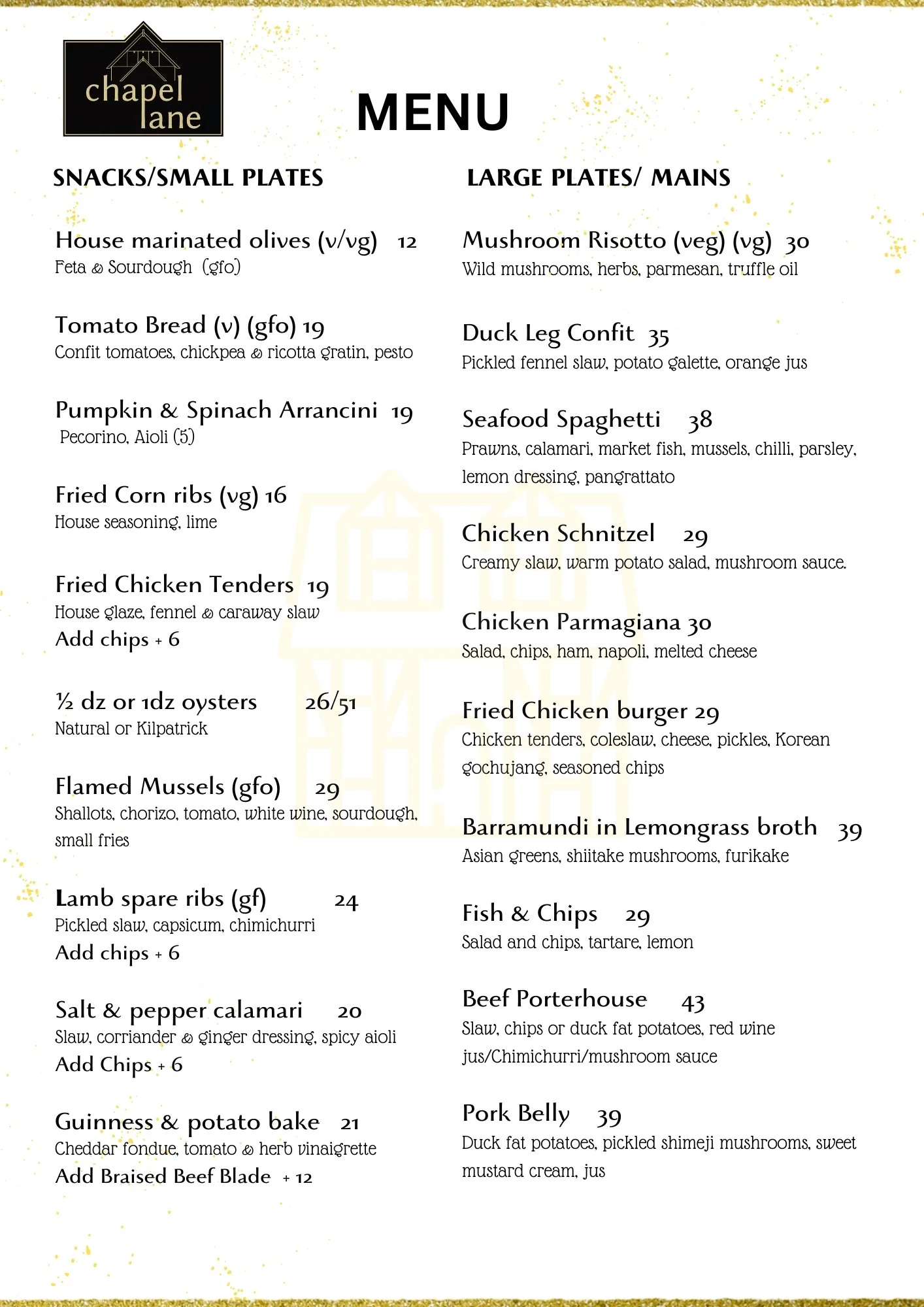 Menu Chapel Lane Food