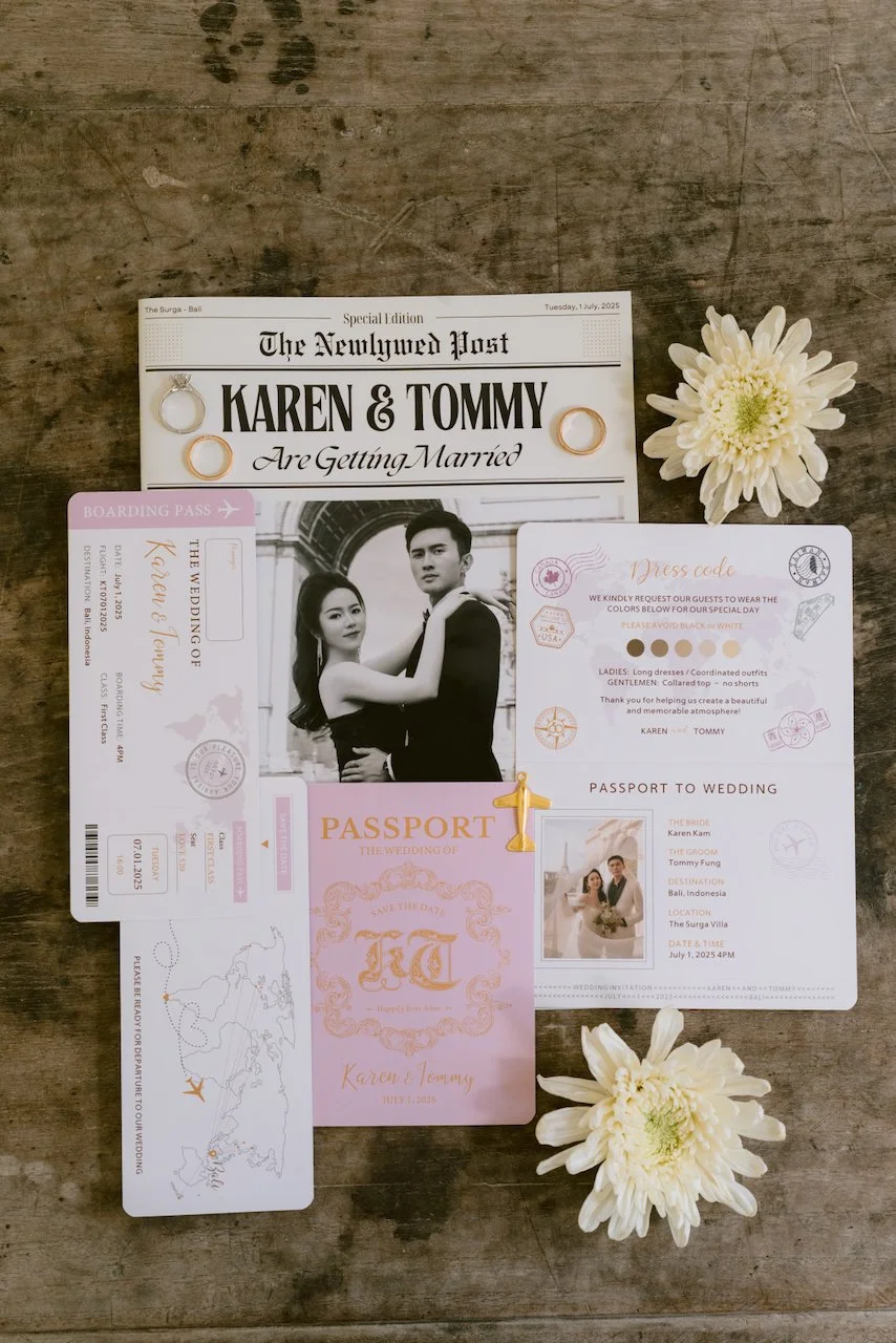 Wedding stationery flat lay for Karen and Tommy Bali villa wedding at The Surga Estate