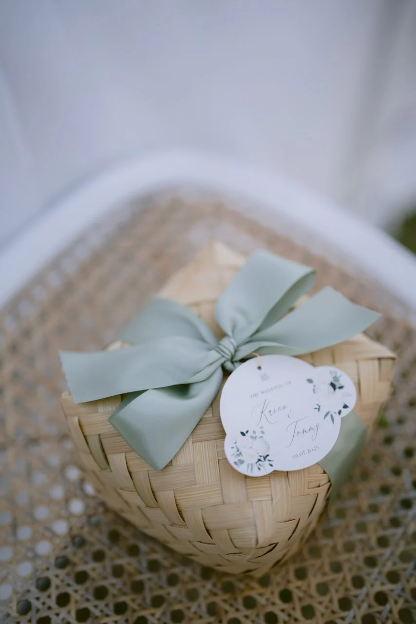 Wedding welcome gift basket with personalised tag at Bali destination wedding