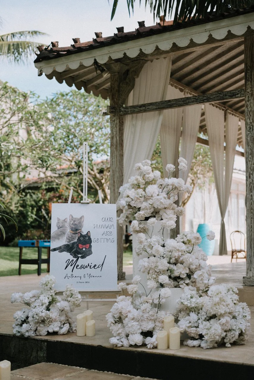 Custom illustrated "Our Humans Are Getting Meowied" cat-themed wedding welcome sign.