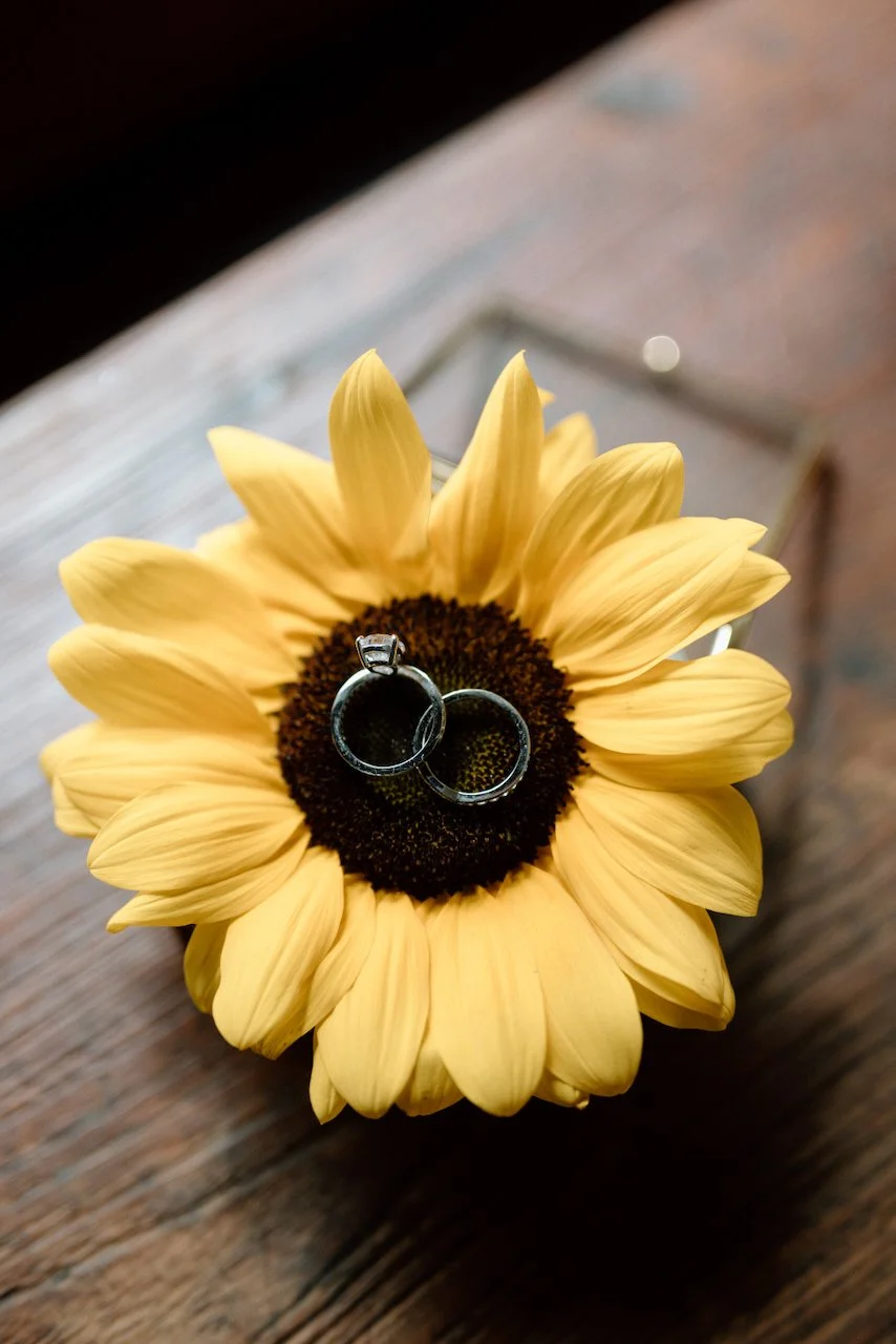 Wedding rings inside a yellow sunflower at a Bali destination wedding.