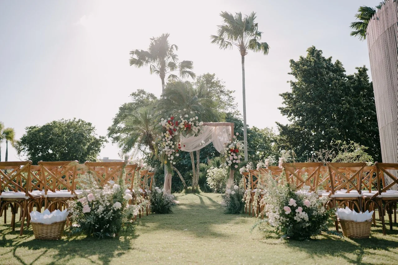 Garden ceremony setup at Peppers Seminyak for a luxury Bali wedding.