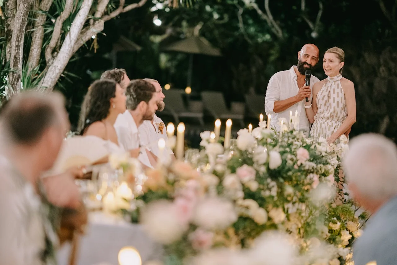 Heartfelt wedding speeches during the outdoor reception in Bali.