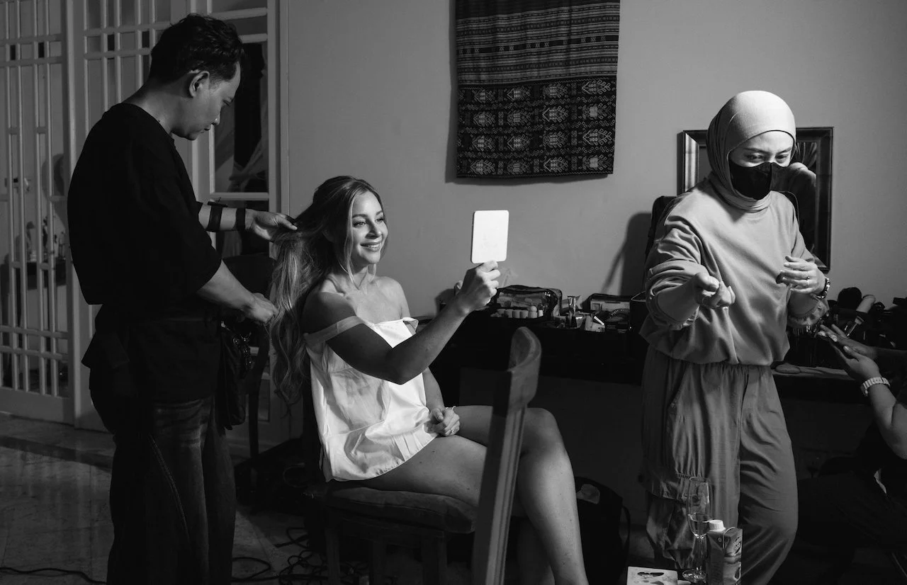 Bride Catherine getting her hair and makeup done before her Puri Nirwana wedding