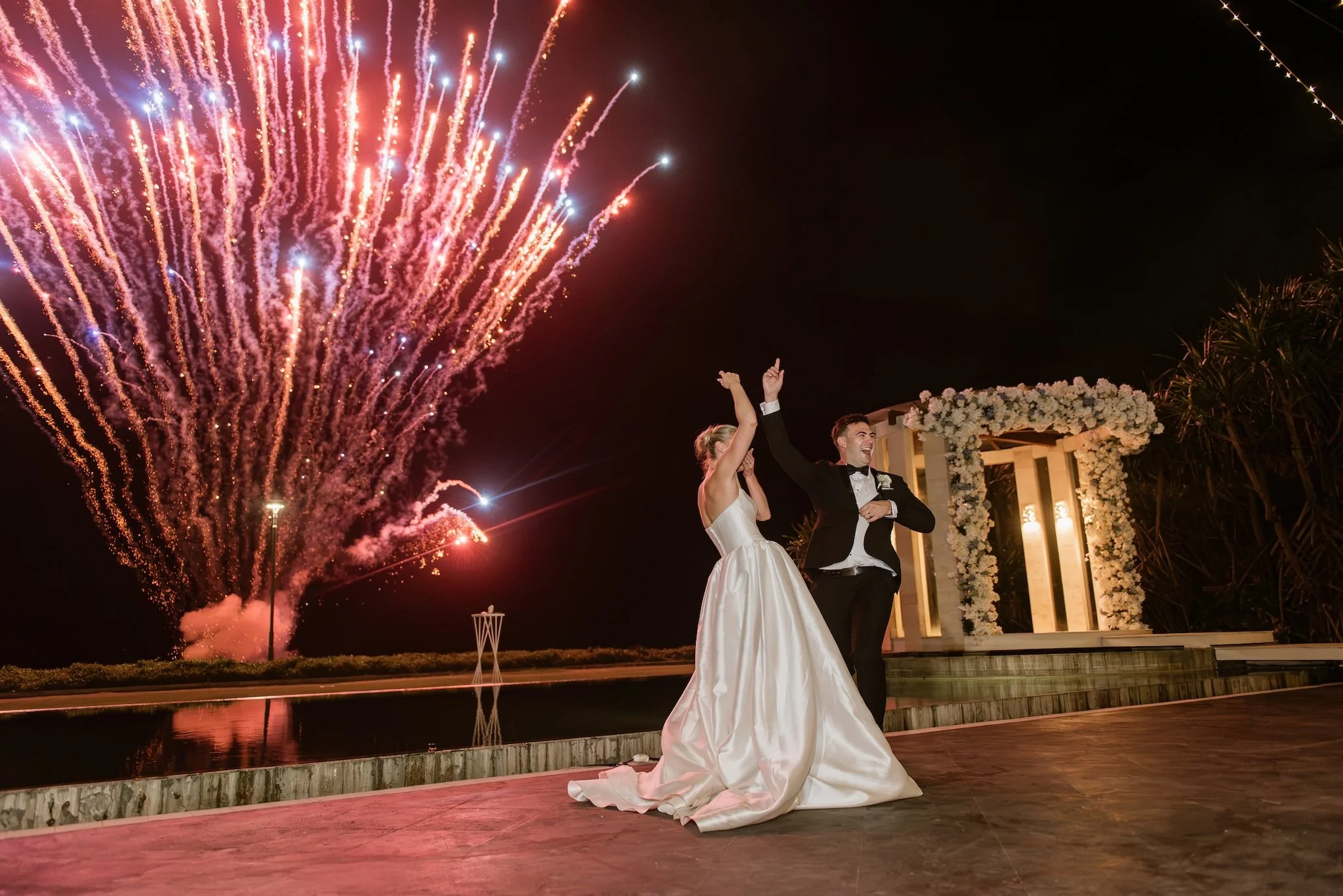 Kelsey and Jason celebrating their Bali wedding at Villa Phalosa with fireworks