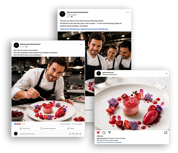 Social media content van een chef-kok die een prachtig versierd dessert serveert. Social posts, linkedin, facebook, instagram, Meta, likes en volgers.