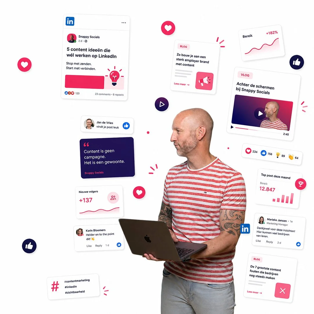 SnappySocials creator met een laptop omgeven door sociale mediaposts en grafieken over social media marketing.