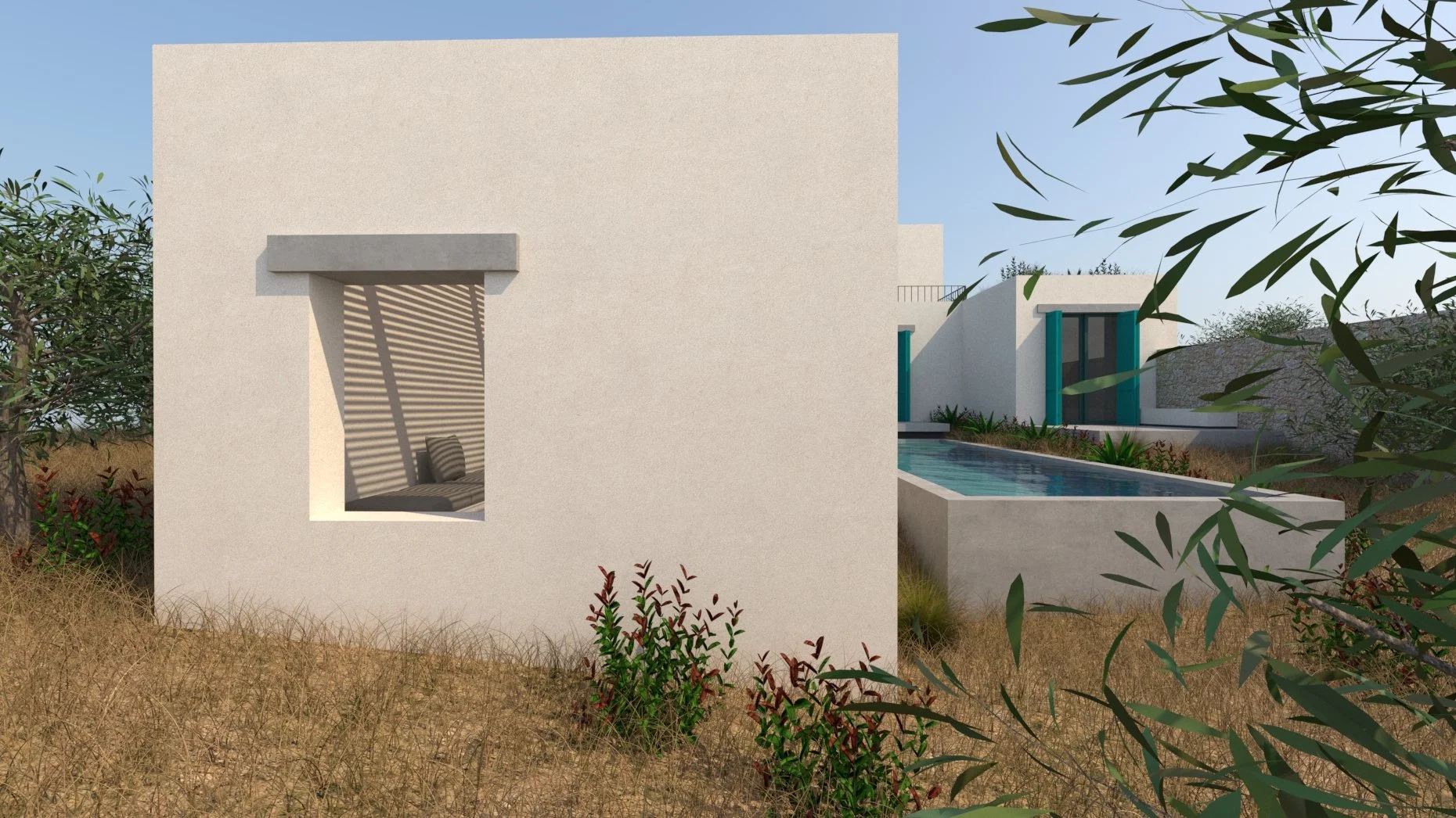 Modern house with white exterior walls, a rectangular window with a striped shadow, a swimming pool, and surrounding dry grass and bushes.