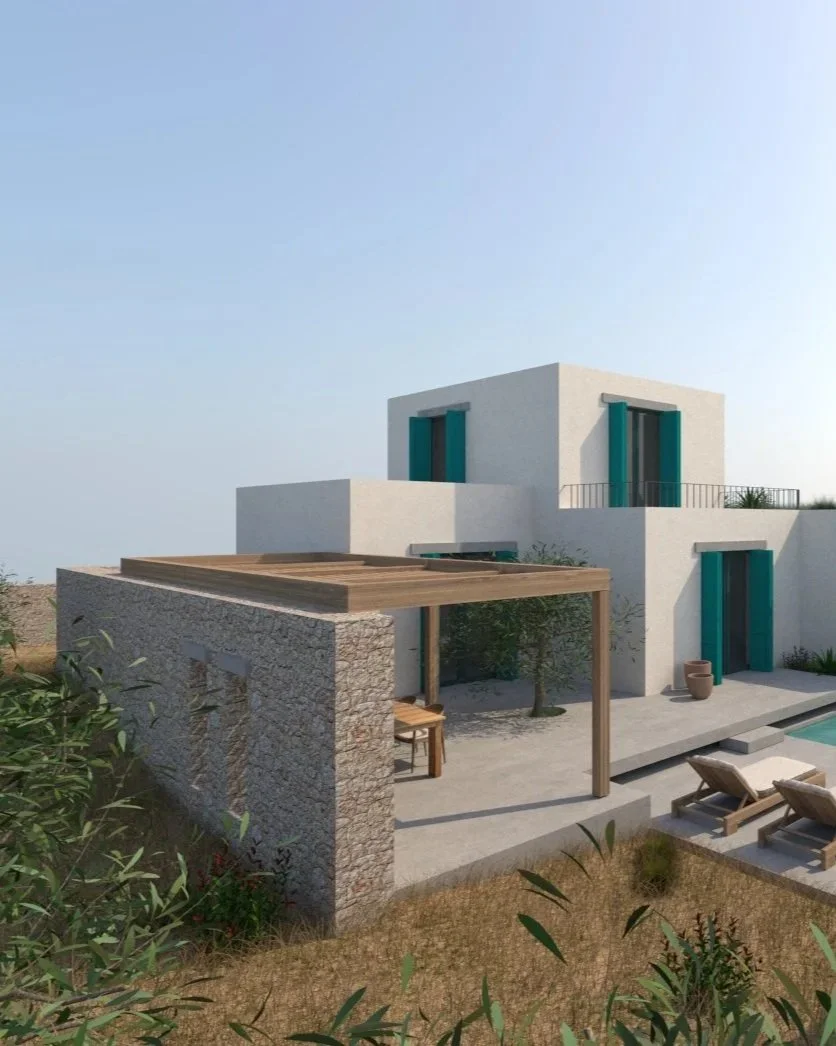 Modern white house with teal door and window shutters, outdoor terrace with wooden pergola, poolside lounge chairs, and desert landscaping.