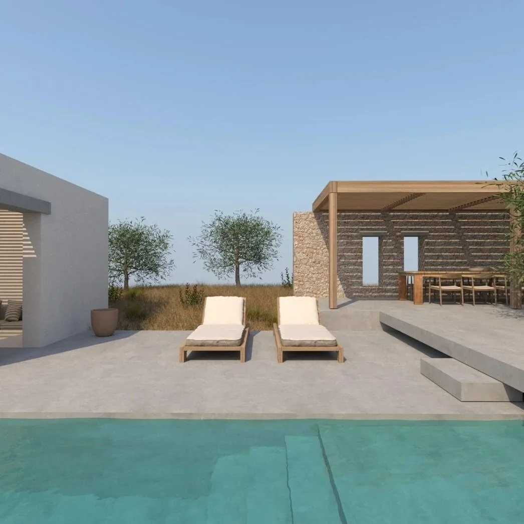 Modern backyard with a swimming pool, two lounge chairs, trees, and a wooden pergola with dining furniture.
