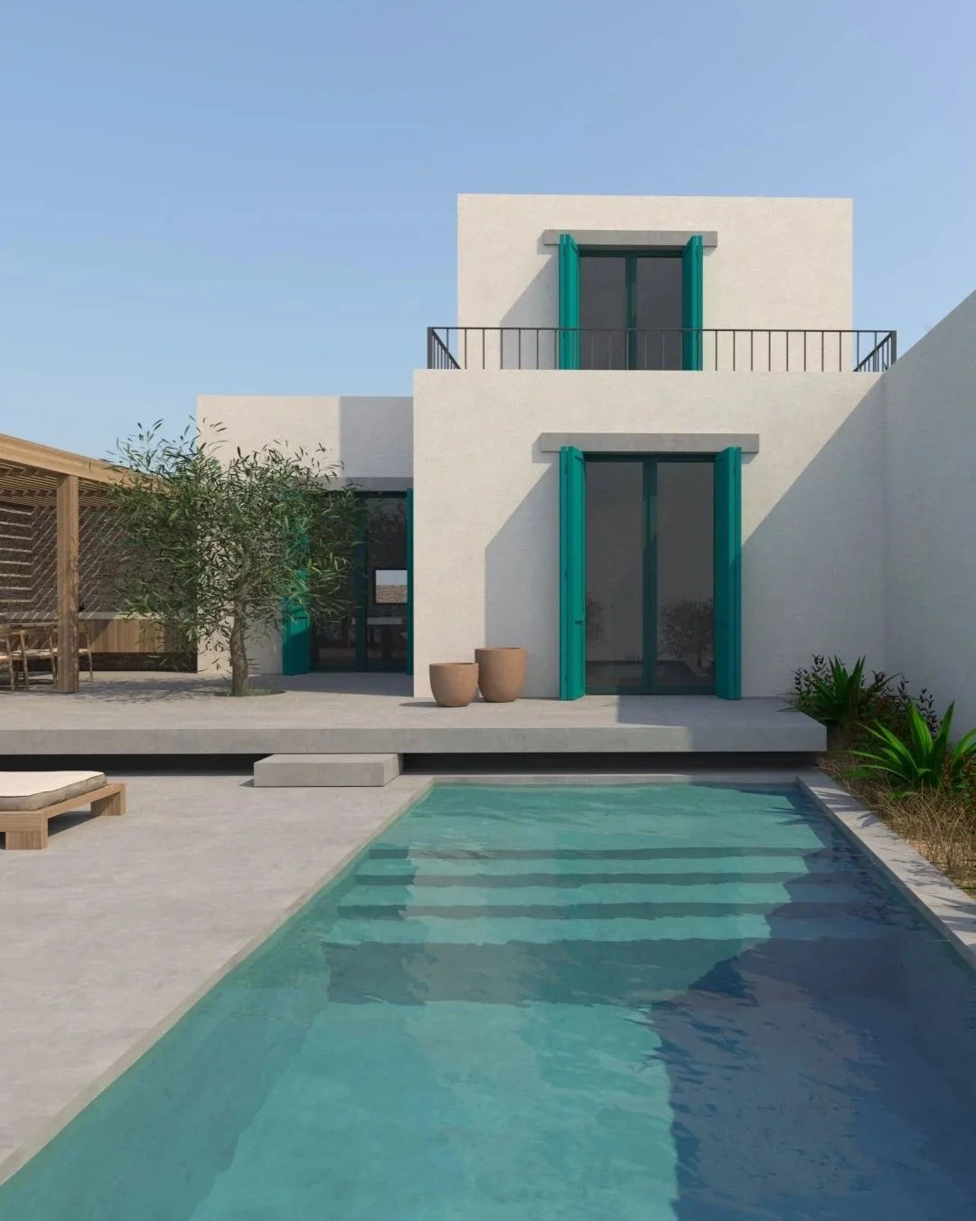 Modern white house with teal window shutters, a balcony, and a swimming pool in the foreground, with potted plants and a tree nearby.