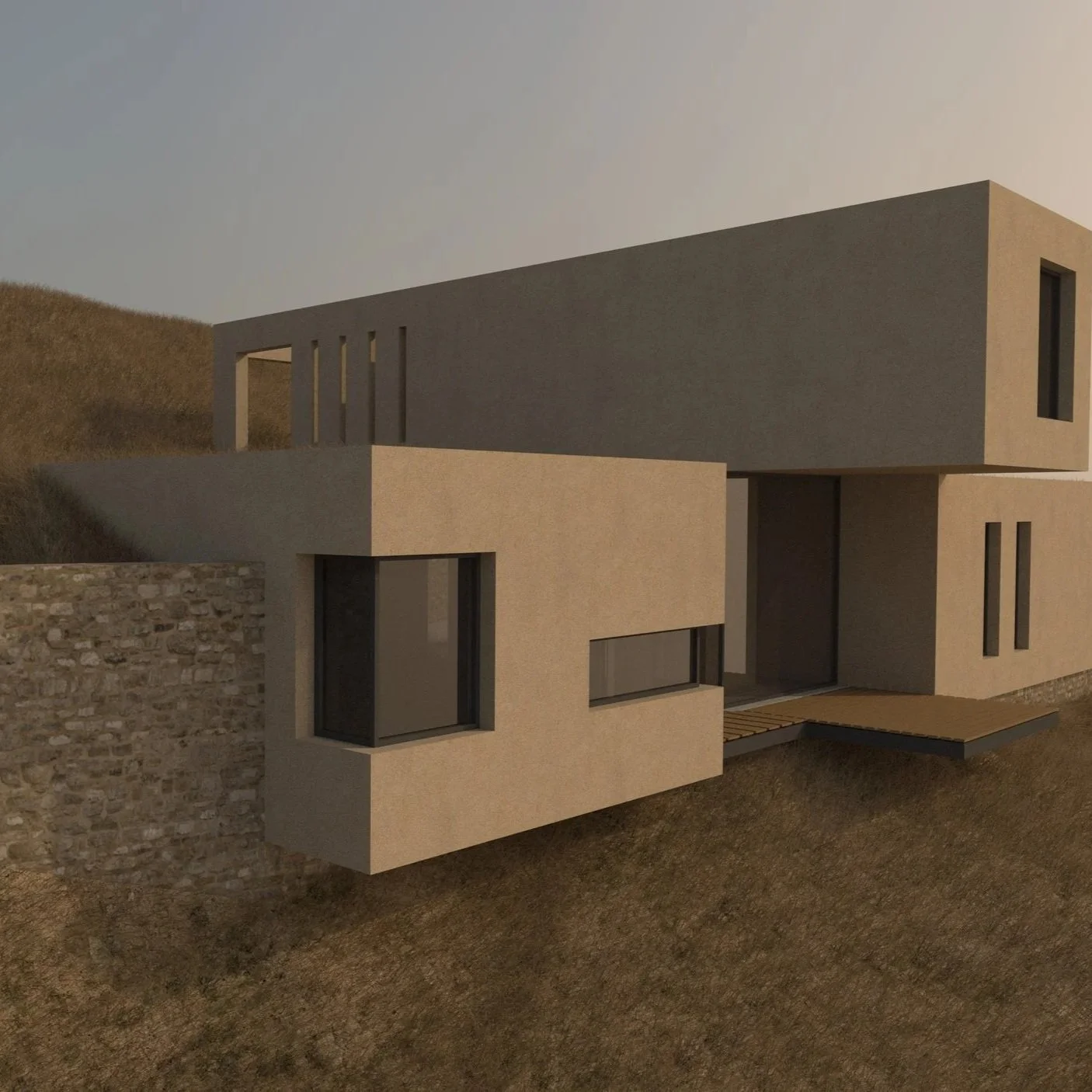 Modern minimalist house with beige and gray exterior, large windows, built into a hillside.