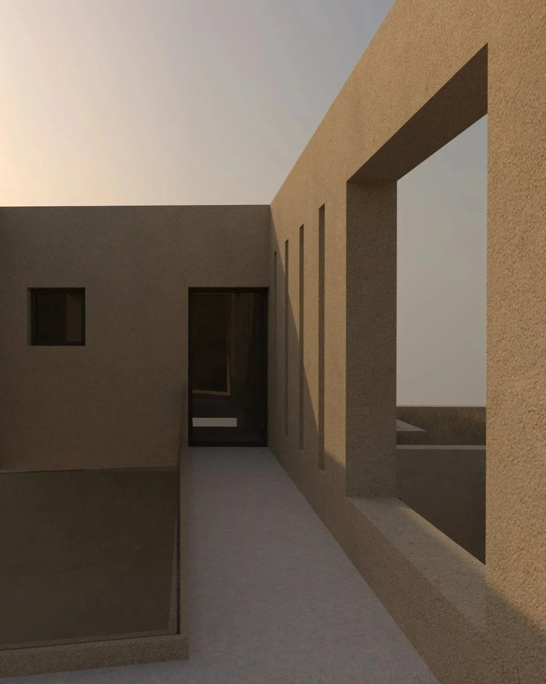 Modern minimalist building exterior with textured beige walls, rectangular windows, and a large rectangular opening, under a cloudy sky.