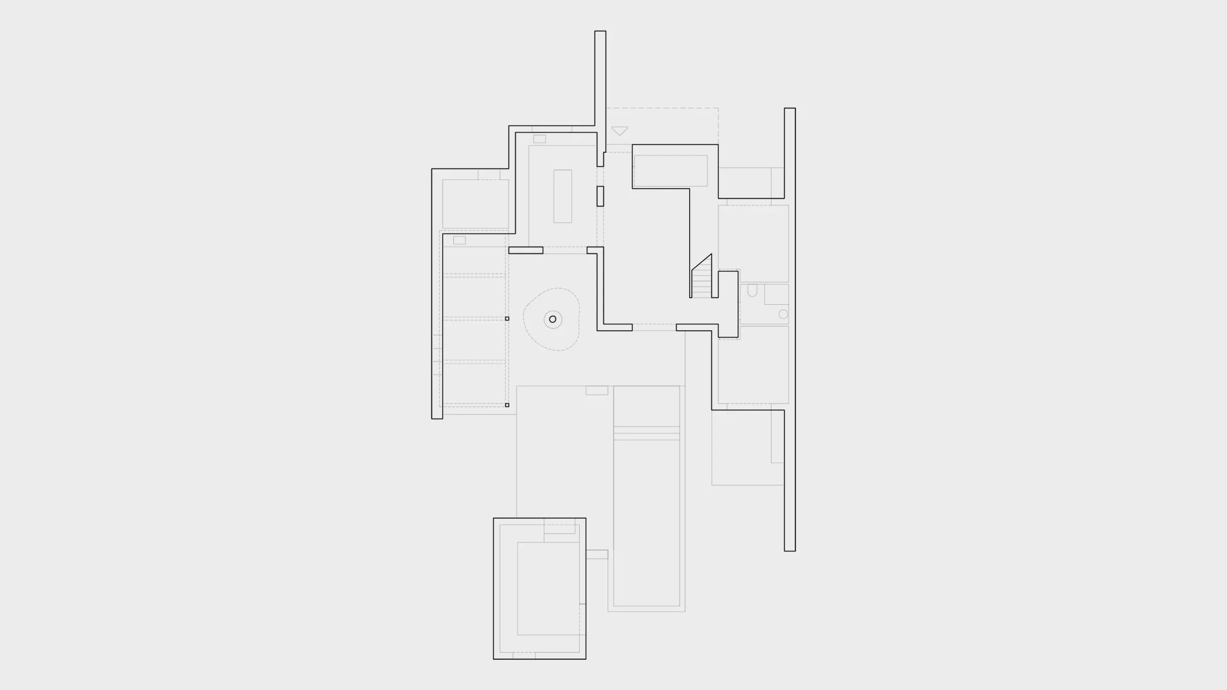 Architectural floor plan of a house with various rooms and structural details.