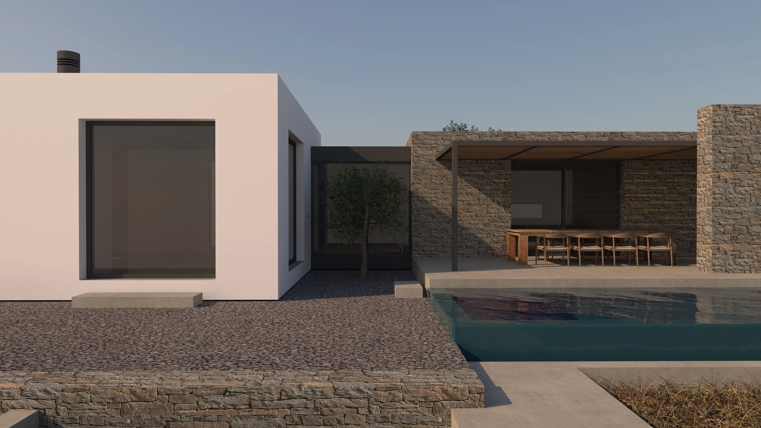 Modern backyard with a pool, patio dining area under a pergola, and contemporary architecture with stone and white walls.