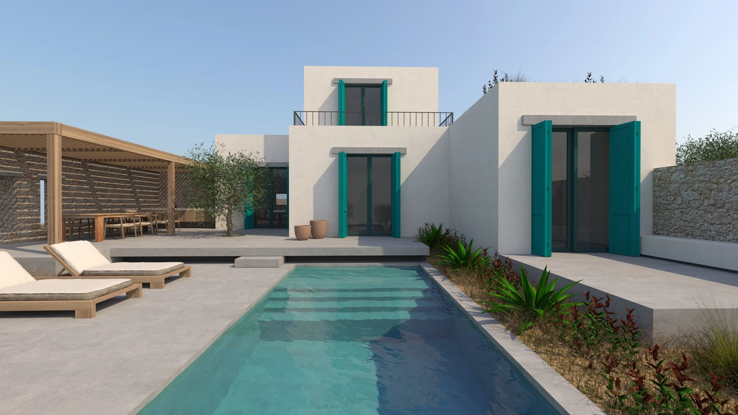 Modern white house with teal shutters and doors, swimming pool, outdoor seating area with lounge chairs, and landscaped garden under a clear blue sky.