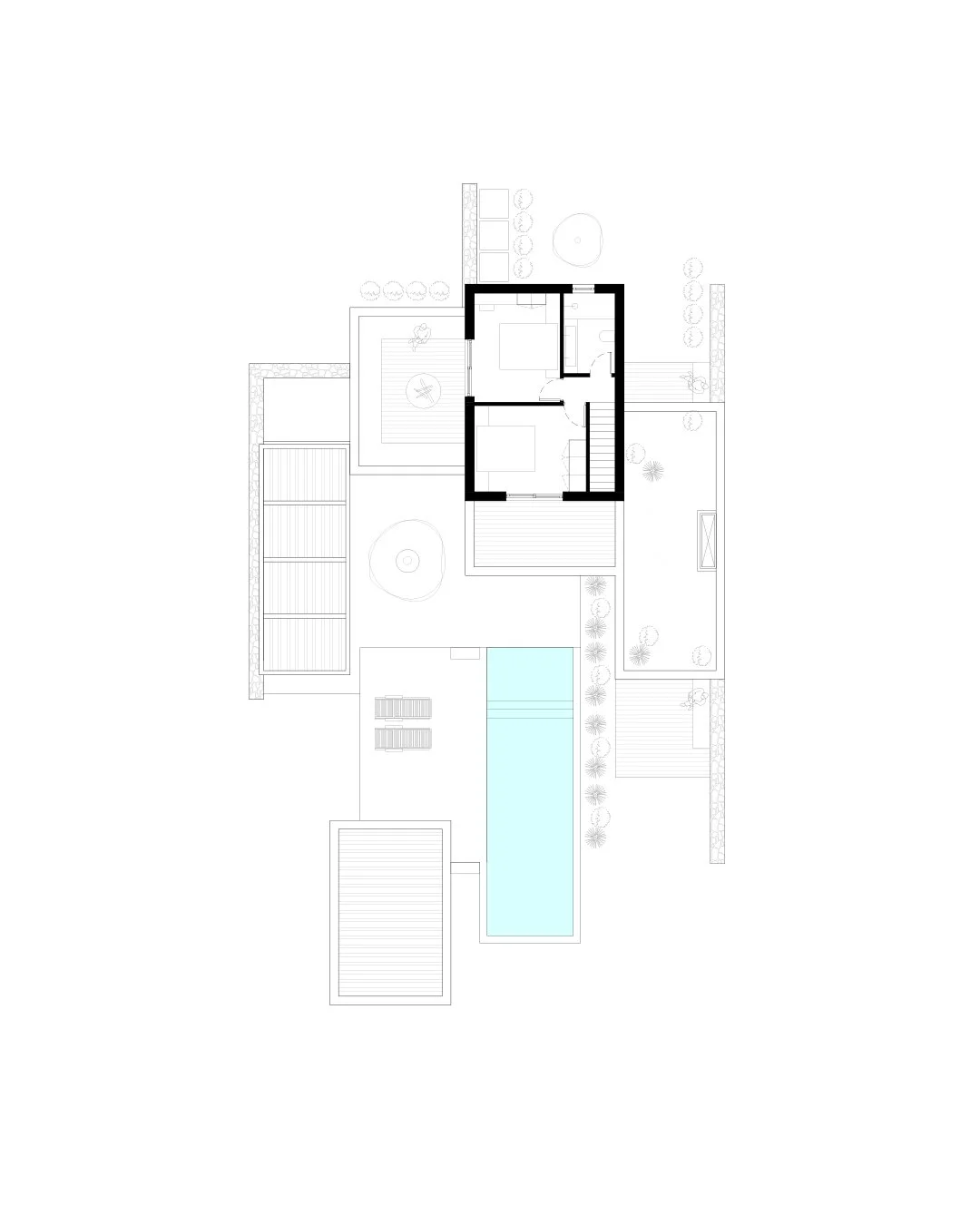 Architectural floor plan of a house with surrounding outdoor areas, including a swimming pool, deck, garden, and patio.