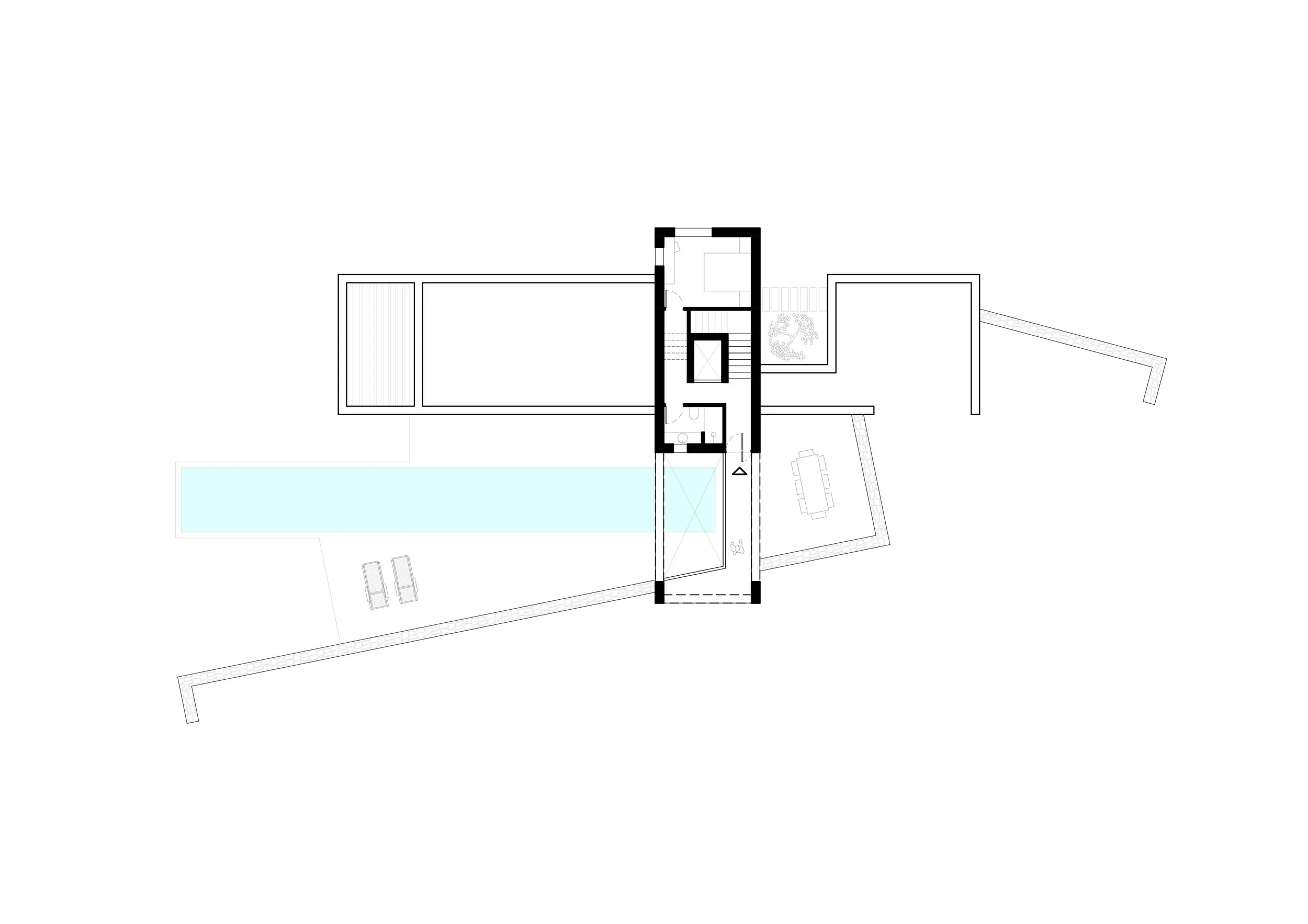 Floor plan of a modern house with a swimming pool, outdoor lounge chairs, a dining area, and surrounding landscaping.