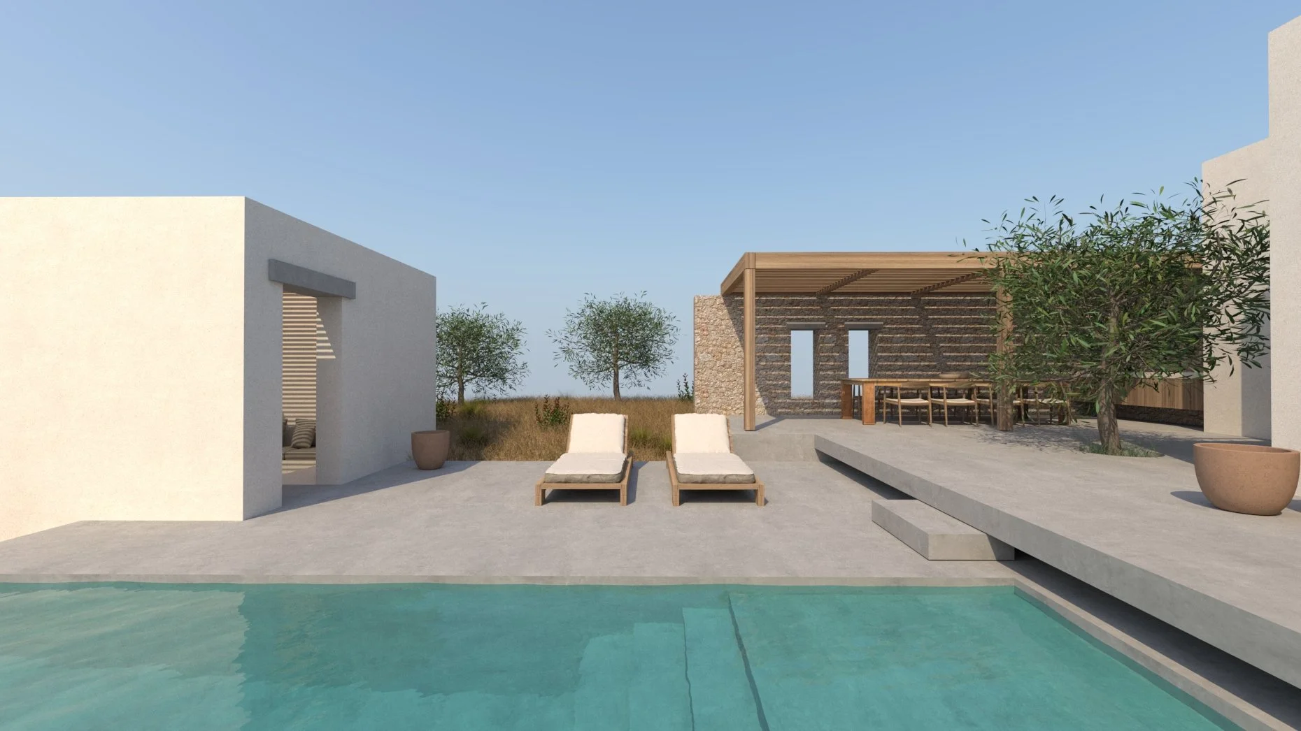 Modern poolside backyard with two lounge chairs, a covered outdoor dining area with wooden table and chairs, trees, and potted plants, under a clear blue sky.
