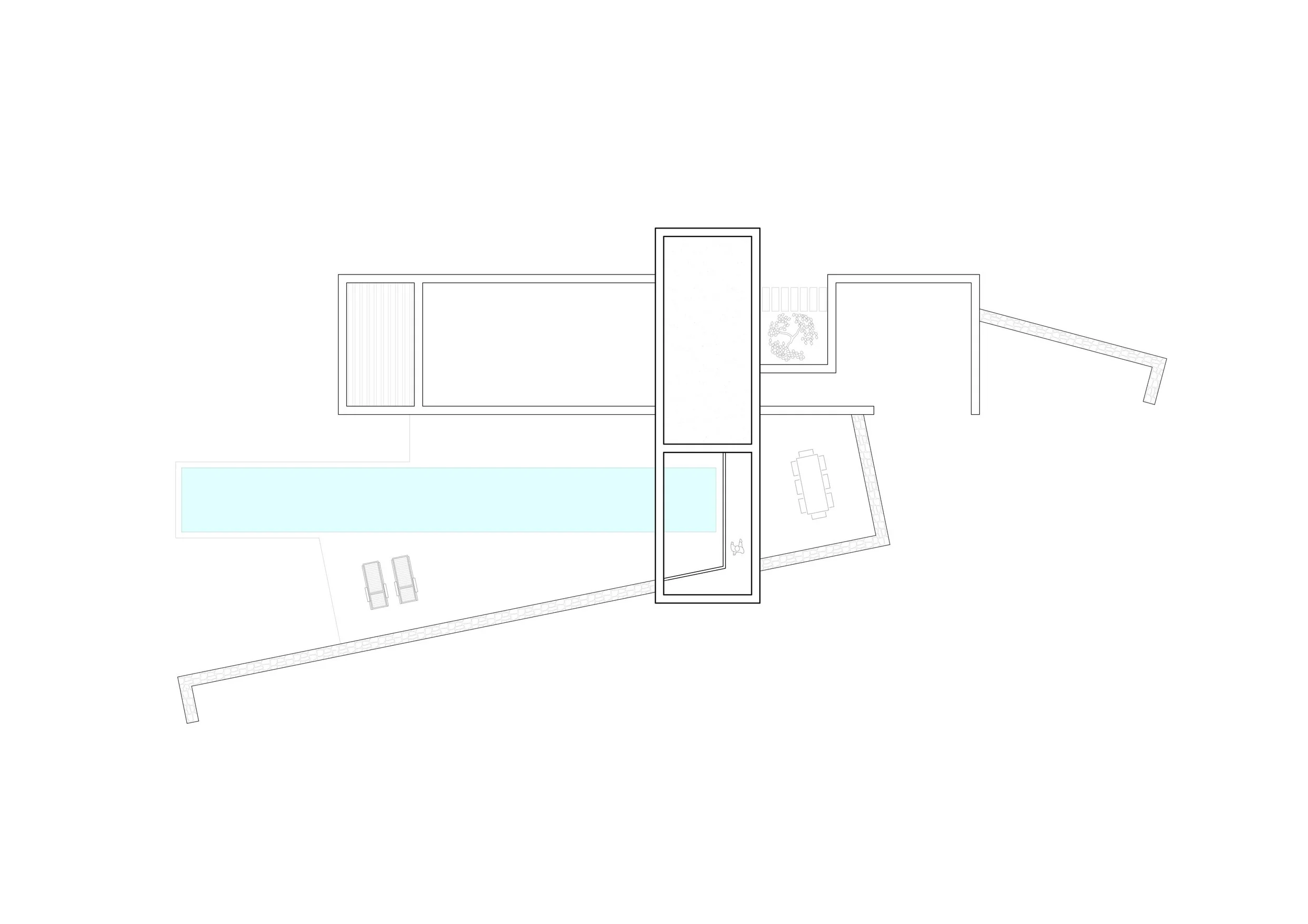 Architectural floor plan of a modern house with an outdoor pool and patio area.