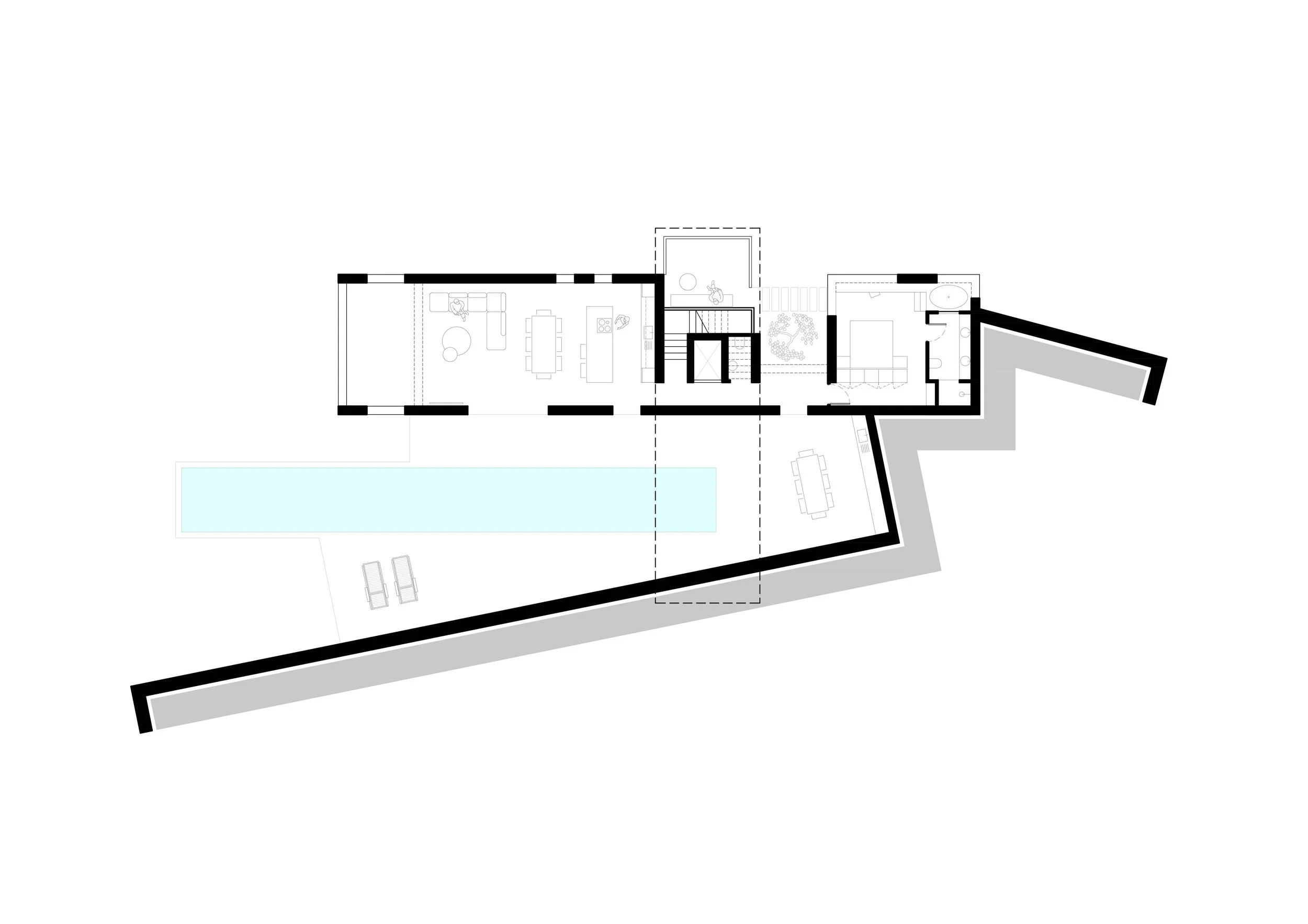 Floor plan of a modern house with a swimming pool outside, featuring an open living and dining area, kitchen, bedroom, bathroom, and outdoor seating areas.
