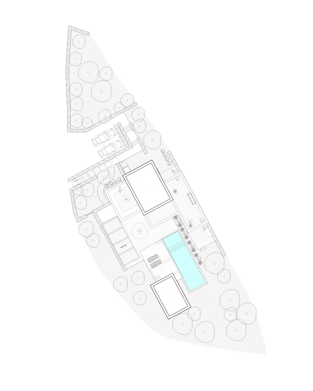 Architectural site plan of a modern residential property with a pool, surrounding trees, and multiple structures.
