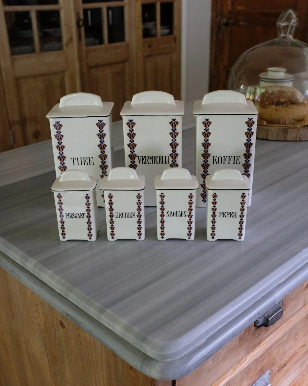 Art deco Dutch kitchen canisters, set of seven