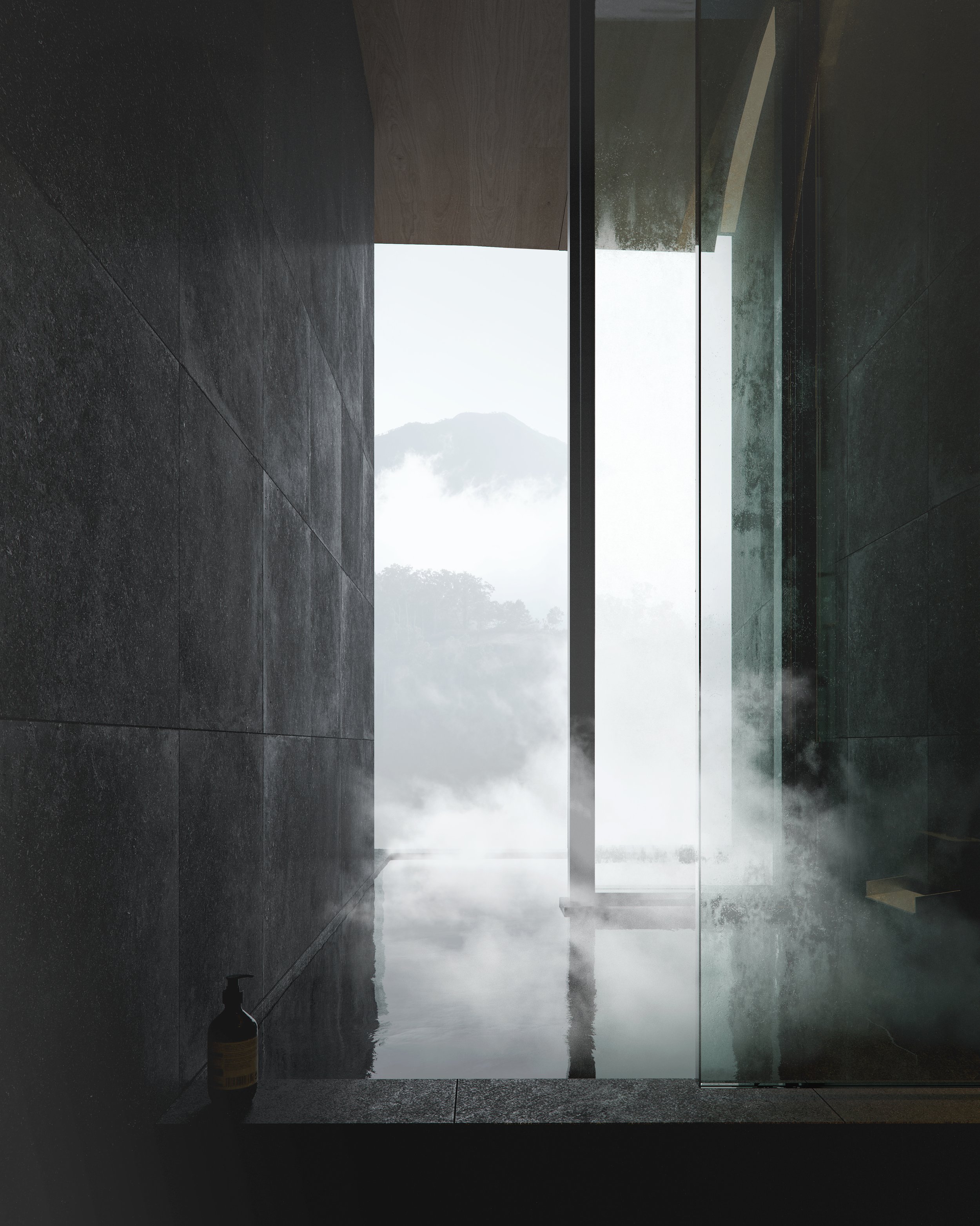 Indoor modern spa with a view of mountains through a large glass window, steam rising from a hot pool, and a bottle placed on the edge of the pool.