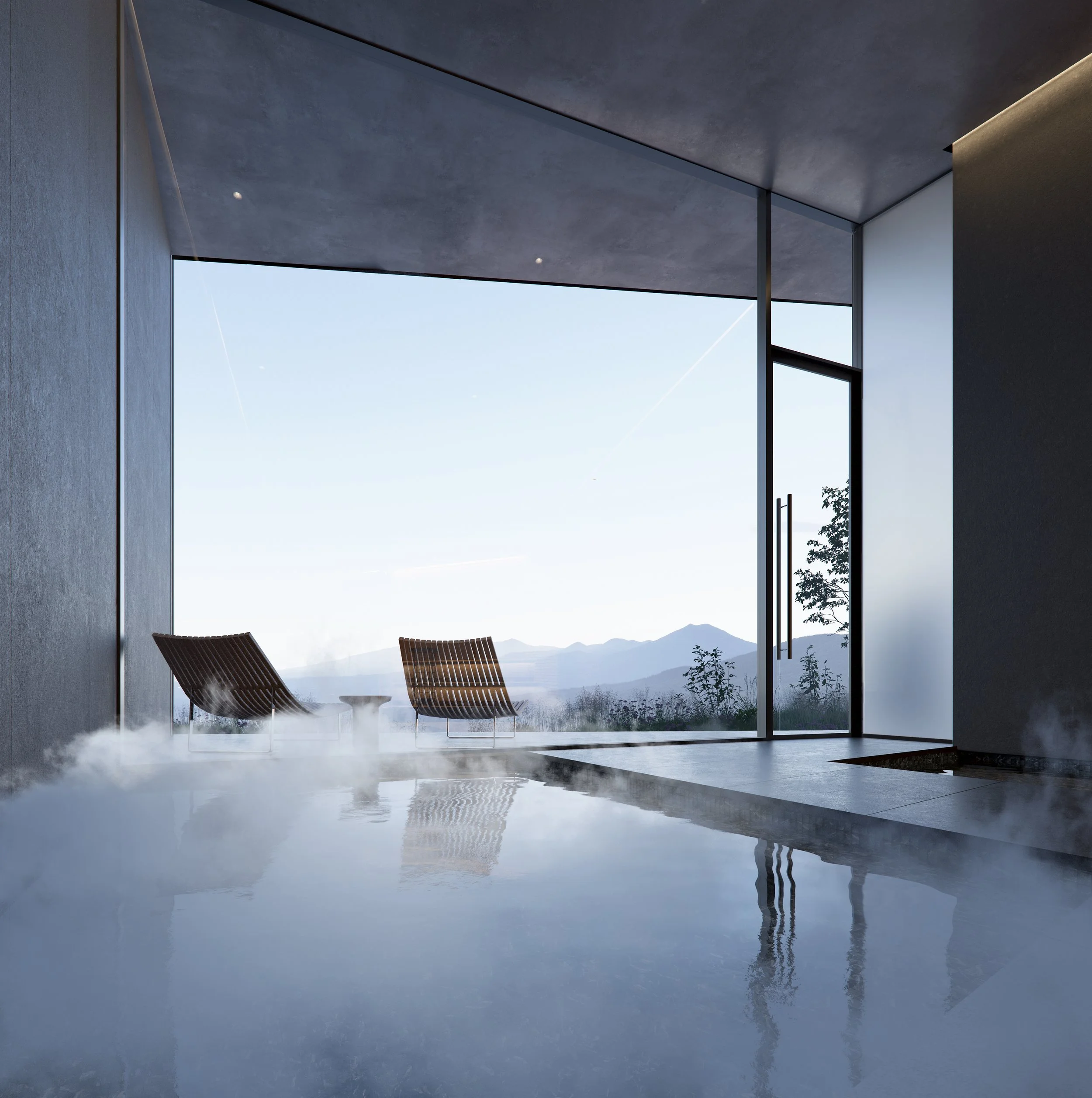 Modern indoor space with a steaming hot spring pool, two wooden lounge chairs, and a large floor-to-ceiling window overlooking distant mountains.