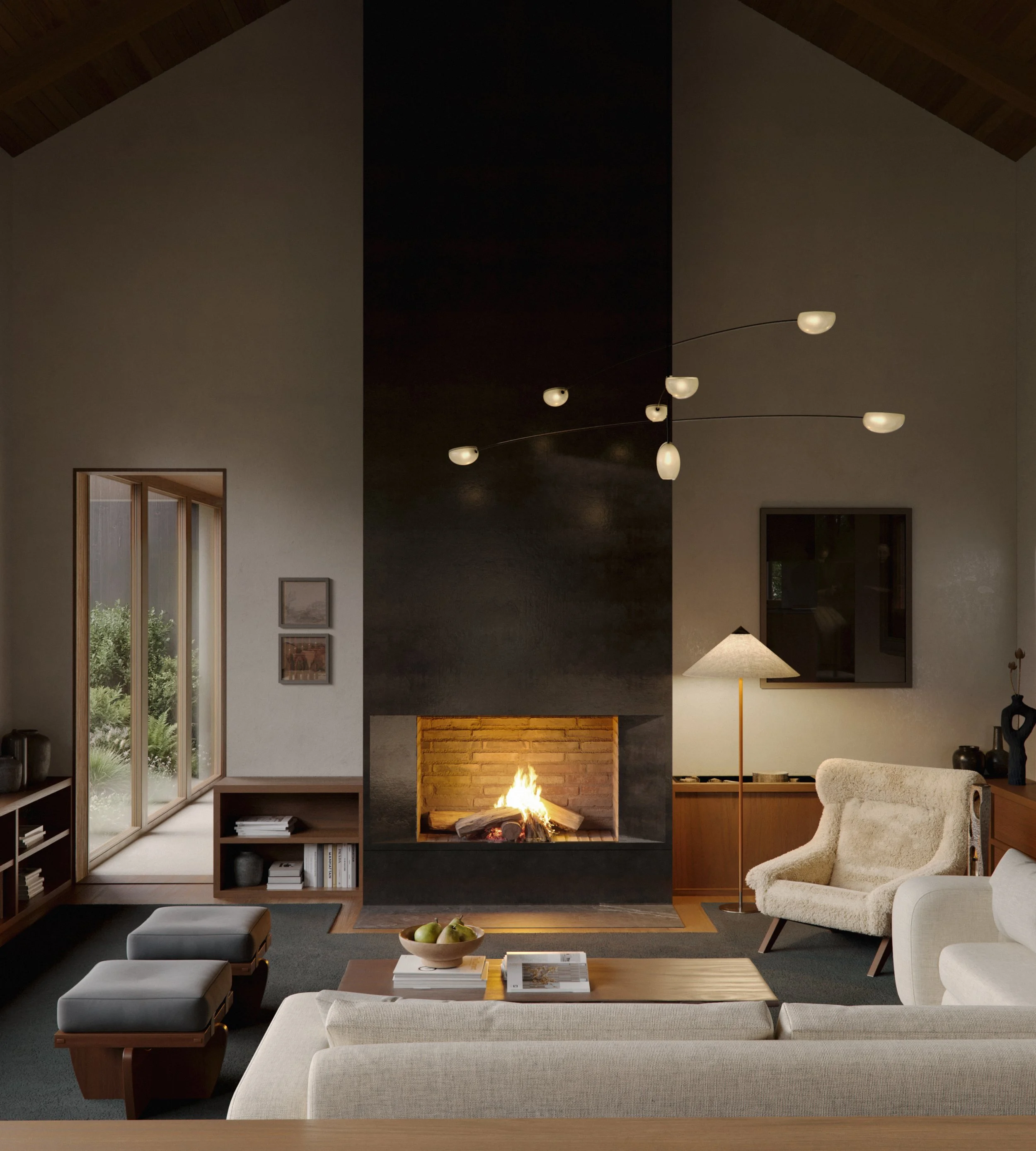 Living room with a modern fireplace, sitting area including a beige sofa and a cream-colored armchair, a floor lamp, and a window with a garden view, balanced with art and decor.