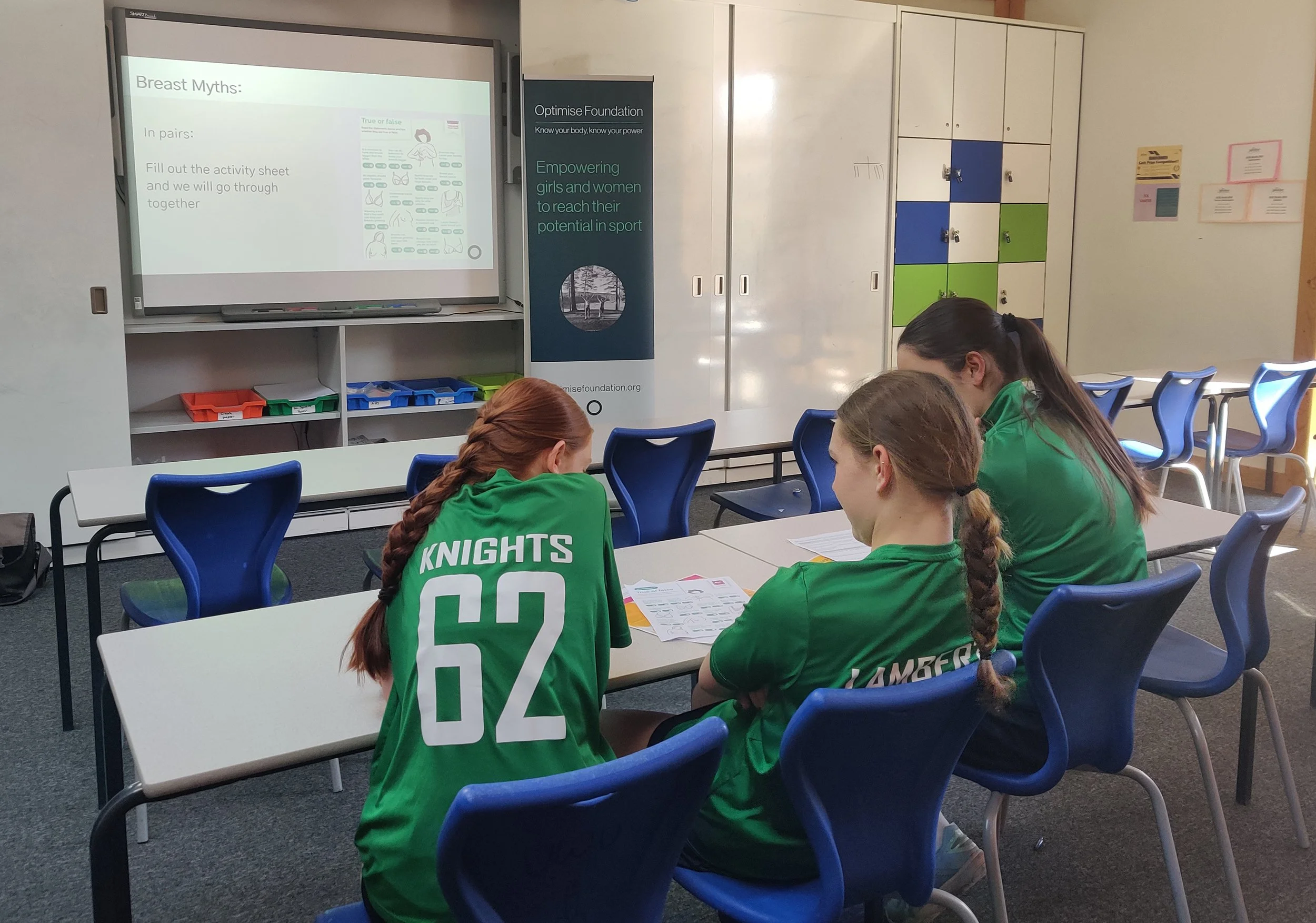 Three young women in green sports jerseys sitting at tables in a classroom, looking at activity sheets. One jersey says 'KNIGHTS 62'. A projector screen displays a presentation about breast myths, and there are colorful lockers and a banner with the logo and text about the Empowering Girls and Women Foundation.