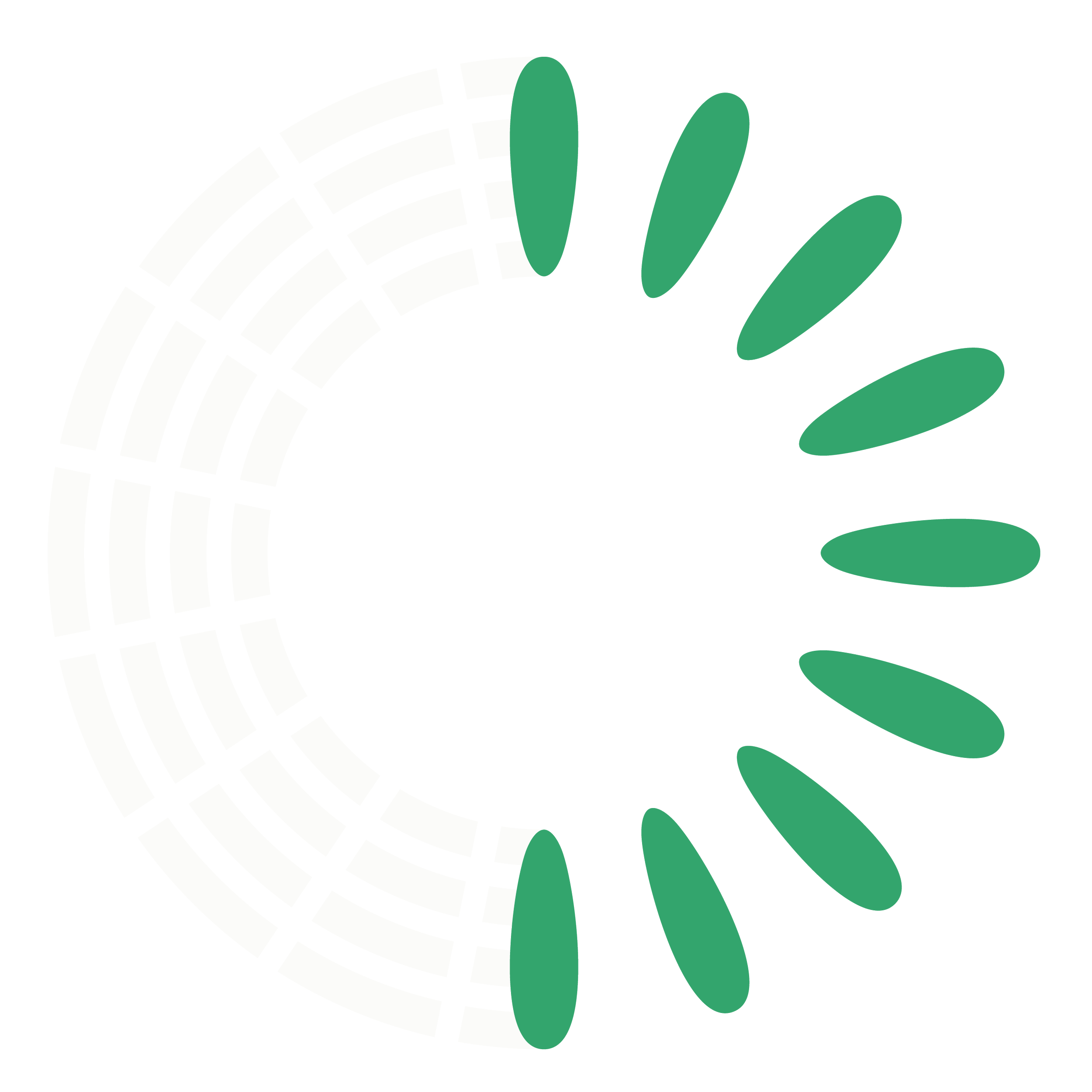 Circular progress indicator with white and black segmented sections and green elongated oval shapes arranged around the right side.