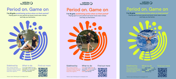 blue, yellow and pink posters with images of female athletes highlighting how periods can be barrier to playing sport