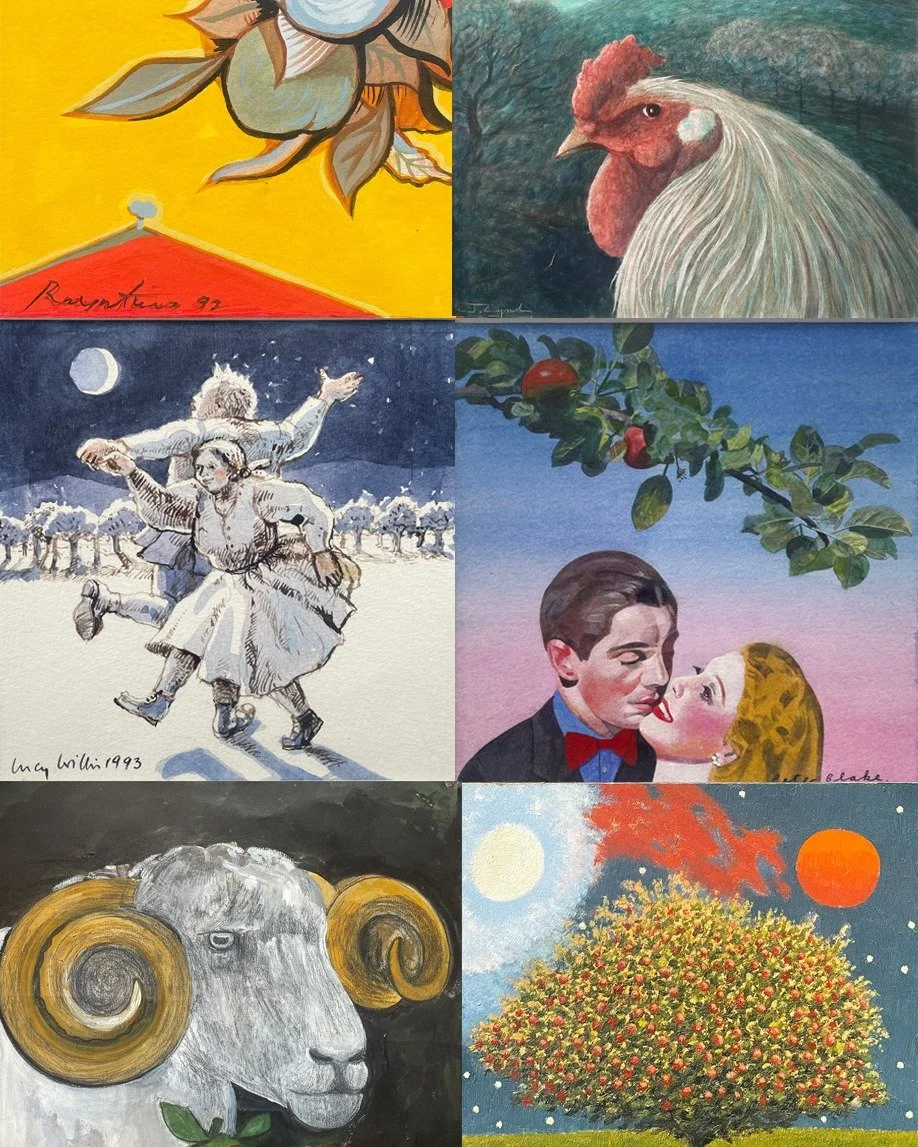 Some of our earlier artist collaborations. These Somerset Cider Brandy artist labels started with Dame Elizabeth Frink in 1991. This beautiful selection is from (left to right and top to bottom) Patrick Rentiyiens OBE, James Lynch, Lucy Willis, Sir P