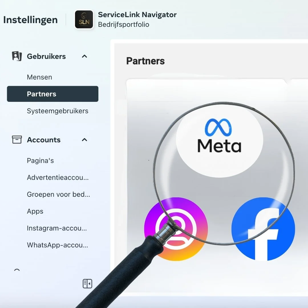 businesssuite achtergrond, meta logo met facebook en instagram logo en een vergrootglas eroverheen