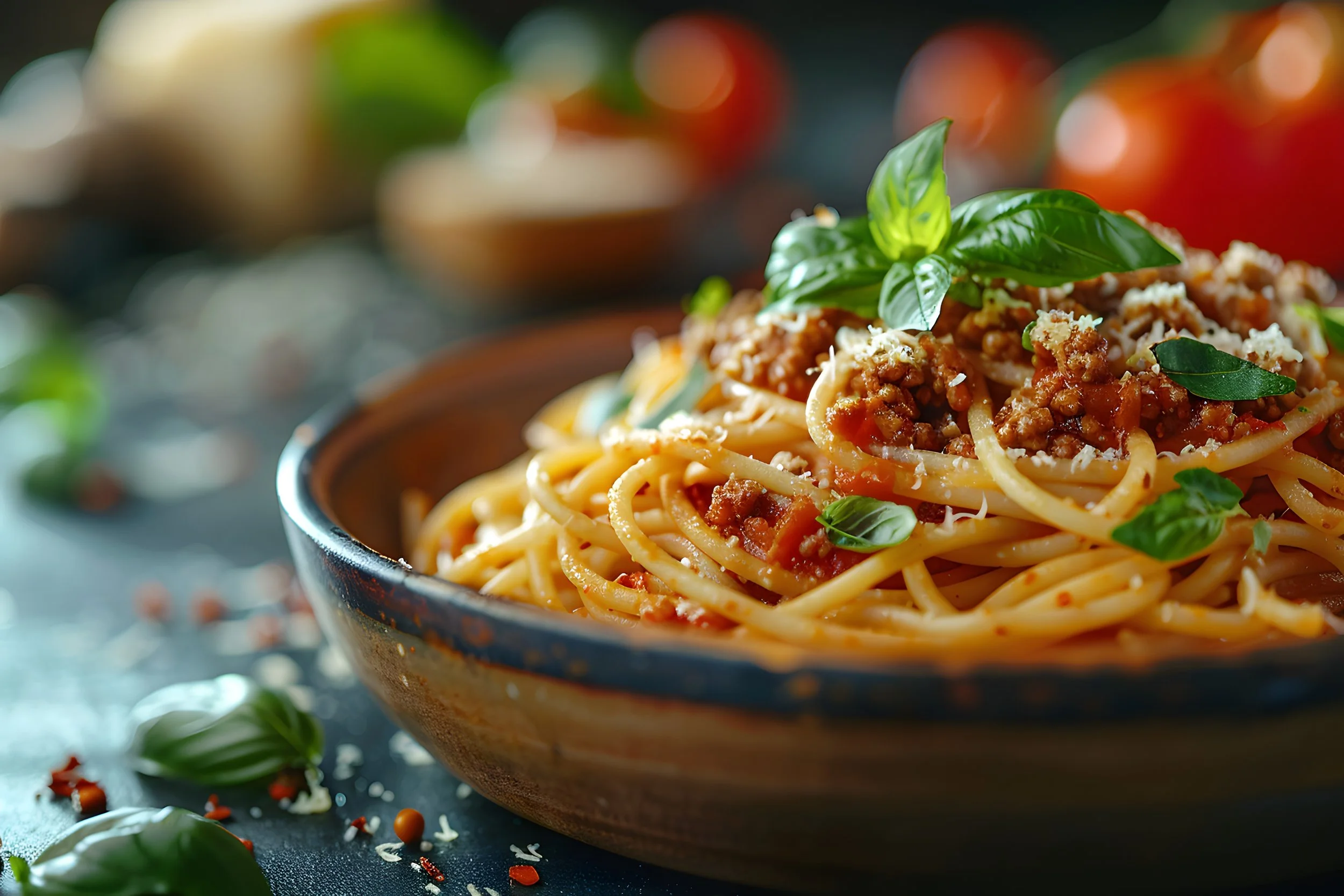 Spaghetti Bolognese mit Basilikum