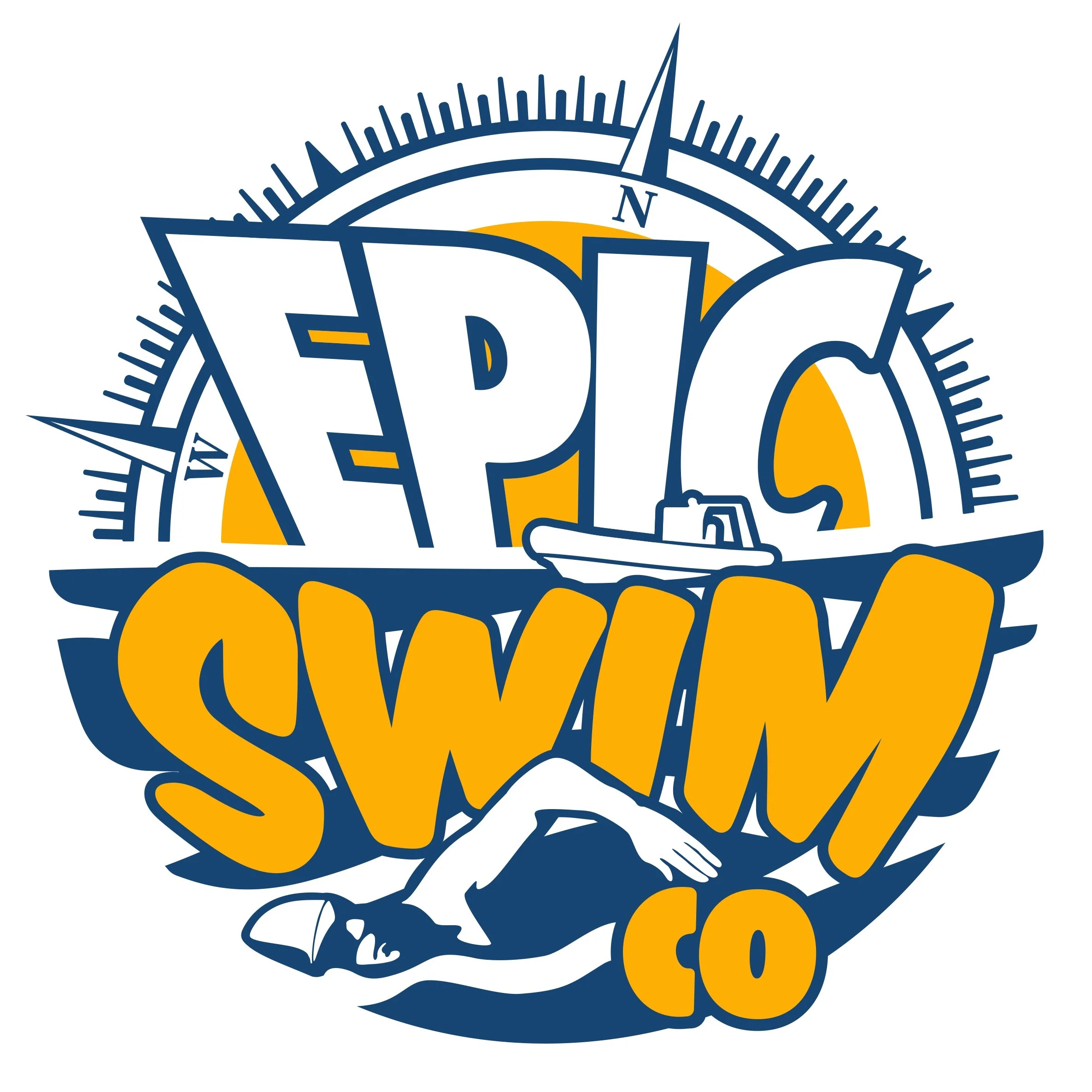 Logo for FICO SWIM CO featuring a stylized swimmer with a cap and goggles, a boat, a large compass rose in the background, and bold text reading 'FICO' and 'SWIM' in orange and blue colors.